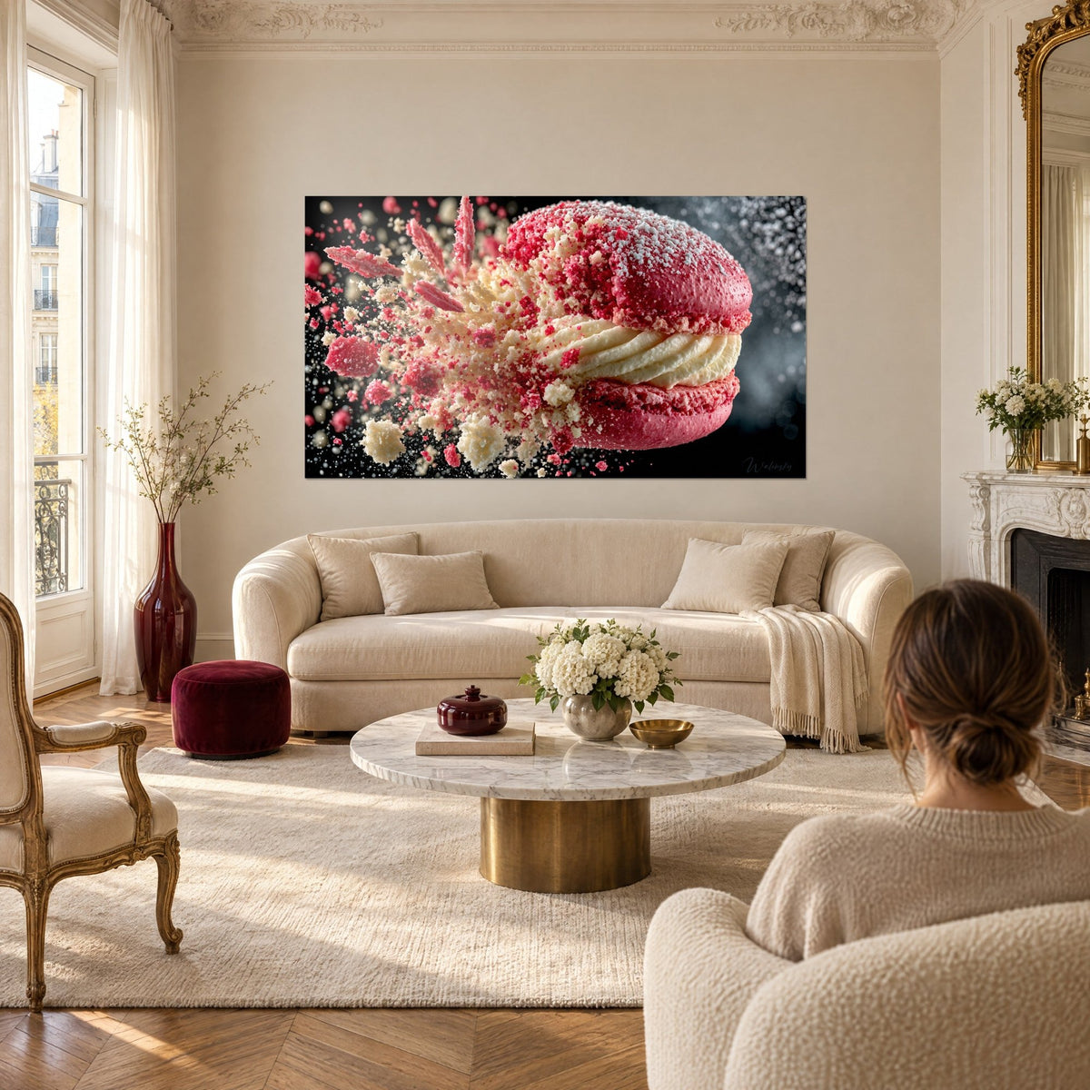 Tableau macaron framboise éclatant en miettes ivoire sur fond noir, sucre glace en suspension, au-dessus d'un canapé dans un salon lumineux