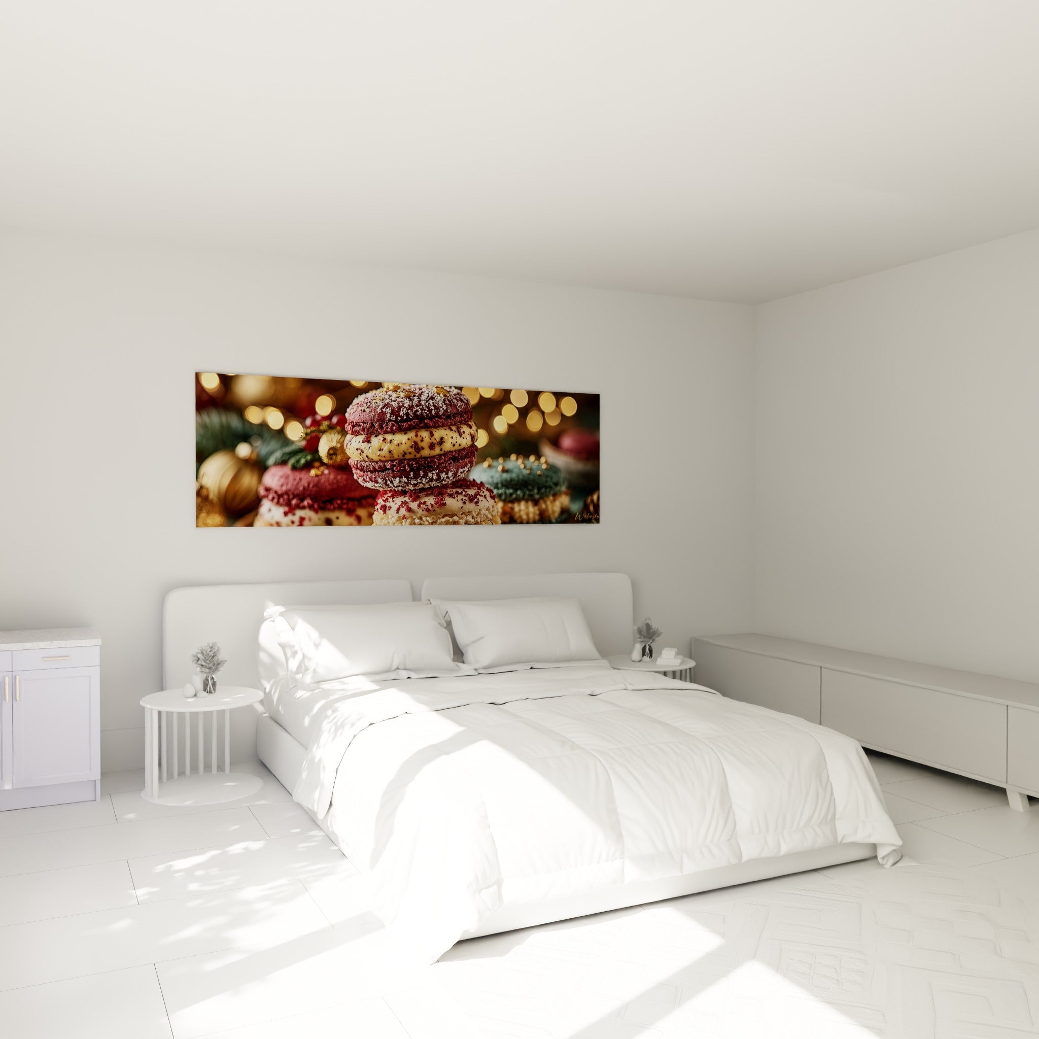 Empilement de macarons bordeaux et crème au-dessus d'un lit dans une chambre claire