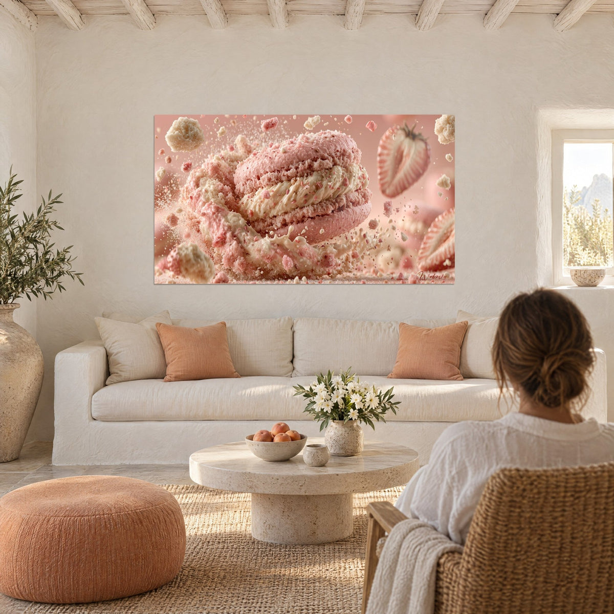 Wall art pale pink macaron filled with ivory cream and sliced strawberries, floating shards, above a sofa in a bright living room