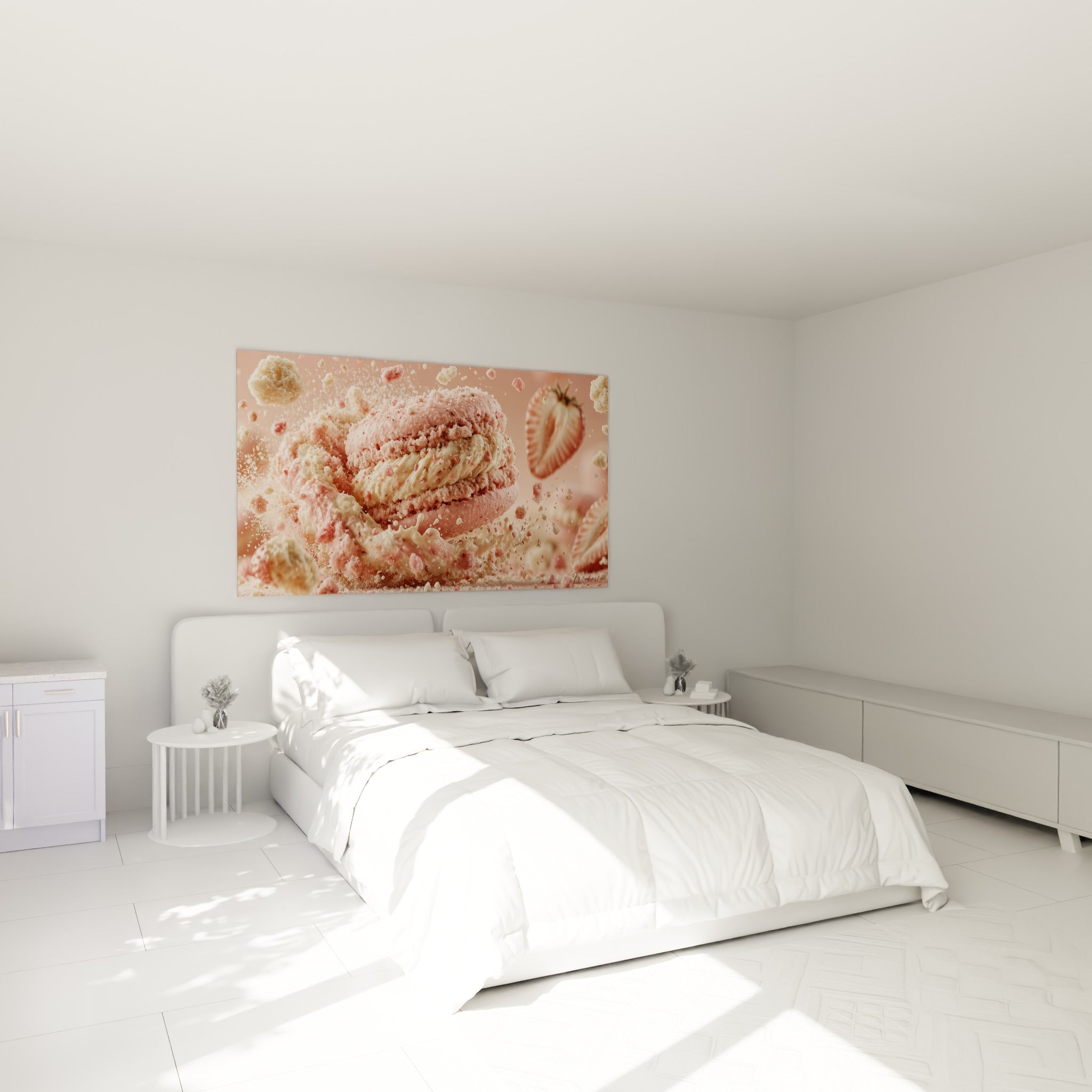 Macaron rose et crème vanillée en plein éclat au-dessus d'un lit dans une chambre claire