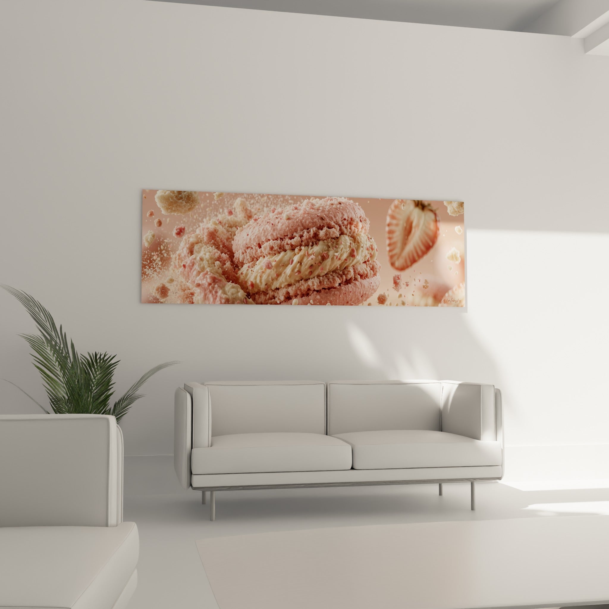 Macaron fraise et crème figé en plein mouvement, accroché au-dessus d'un canapé dans un salon lumineux