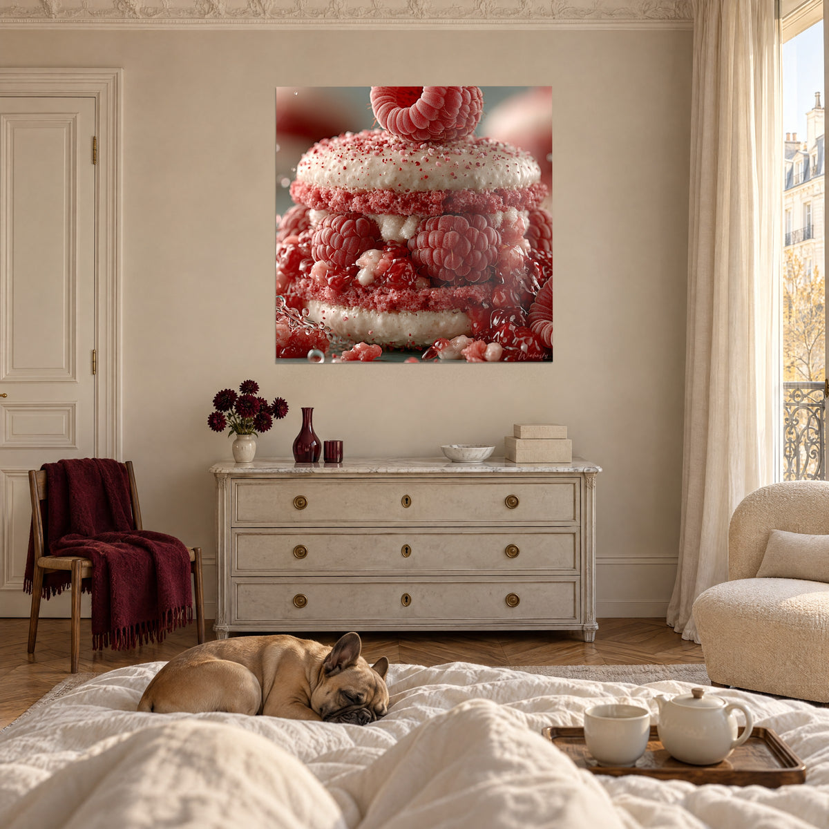 Quadro gigantesco lampone che corona una torta rossa e bianca, un bulldog sdraiato sul letto, sopra un letto in una camera luminosa