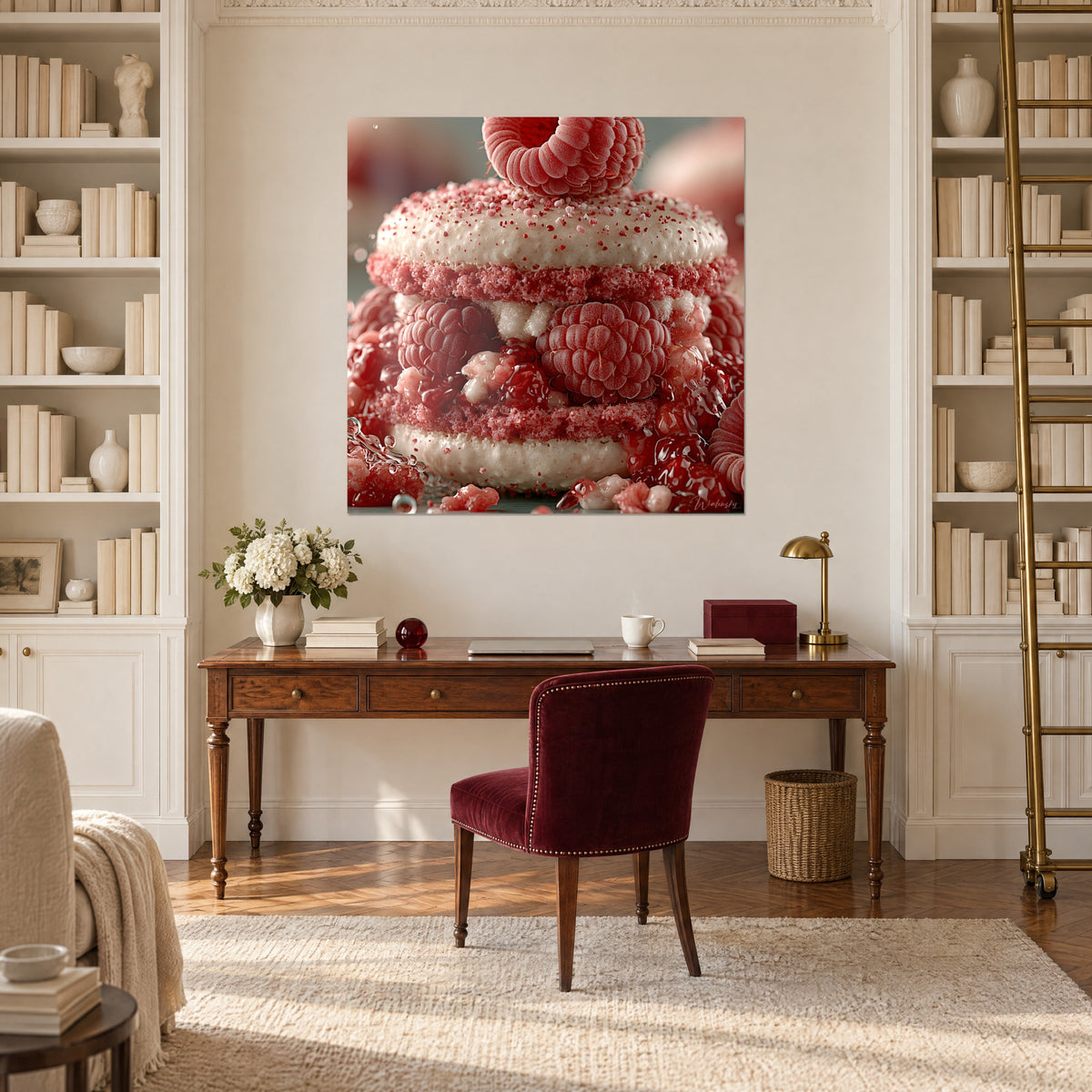 Quadro dessert al lampone schizzato di sciroppo cremisi e bianco, scrivania in legno, libreria bianca e poltrona bordeaux