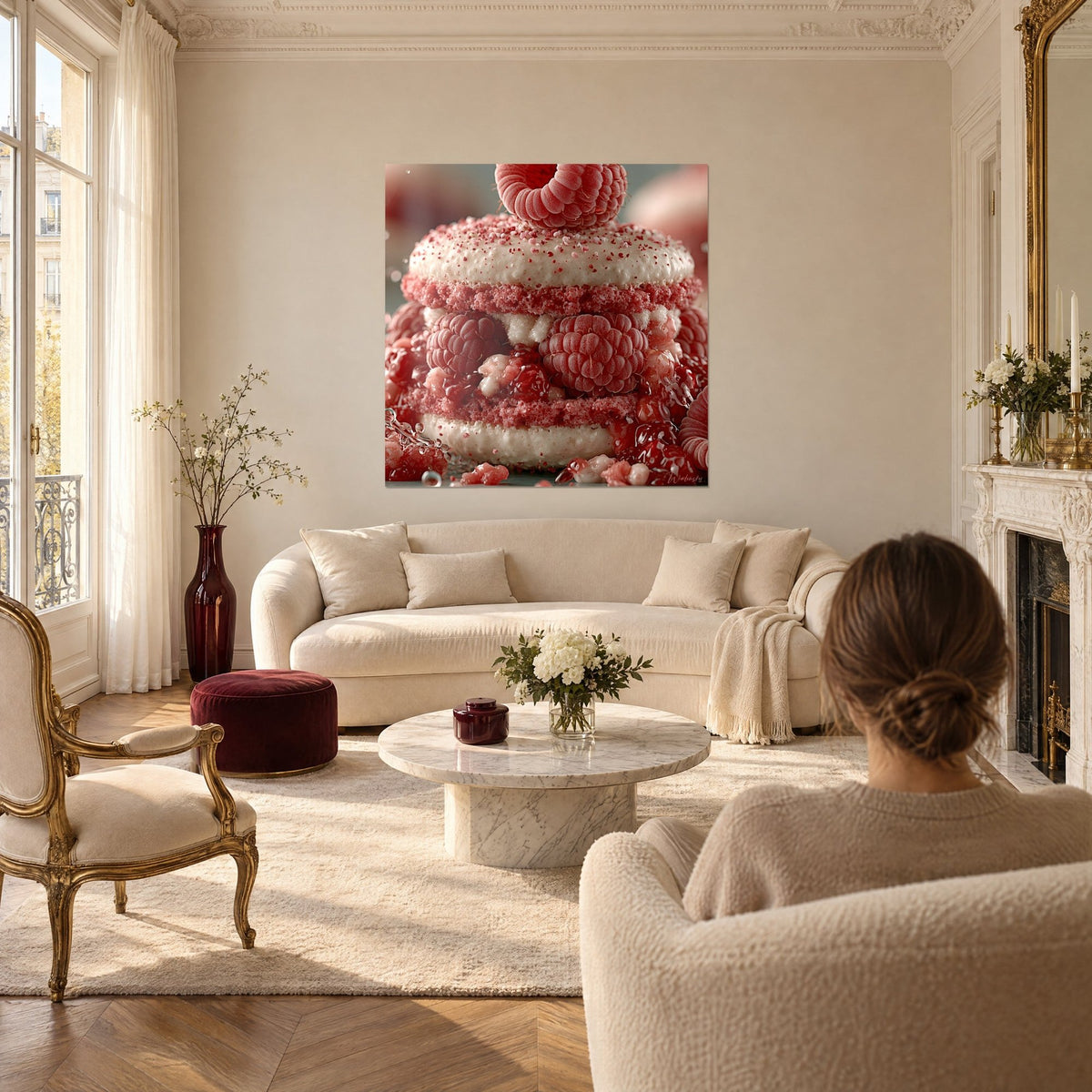 Tableau macaron framboise empilé, éclats rouges sur crème, une femme de dos le regarde au-dessus d'un canapé dans un salon lumineux