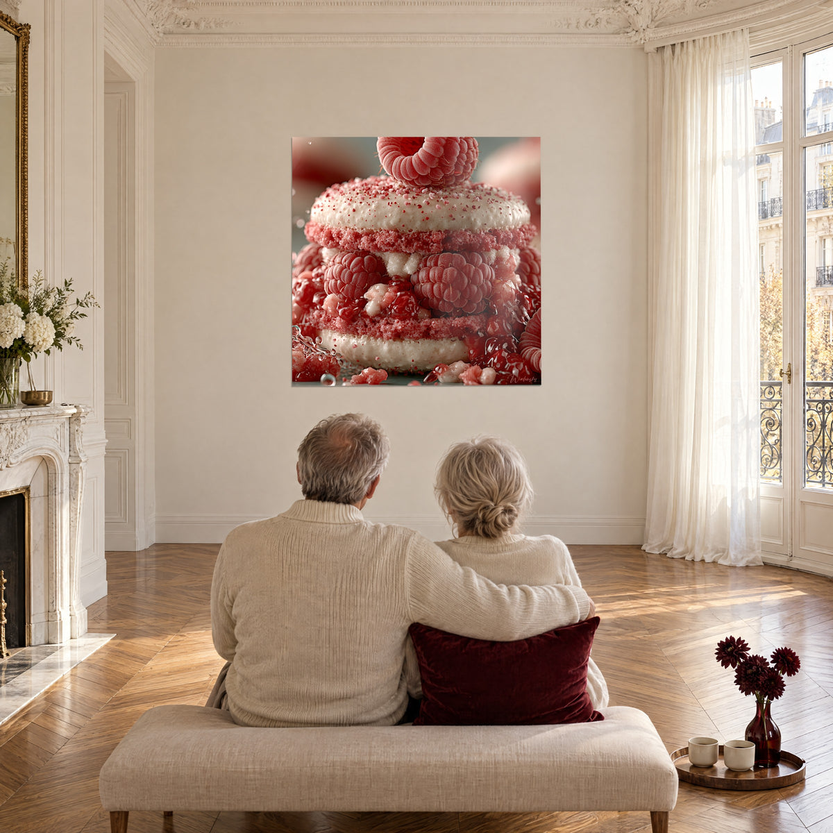 Quadro macaron rosso e bianco spolverato di zucchero rosa, una coppia anziana abbracciata di spalle su una panca davanti alla parete del soggiorno