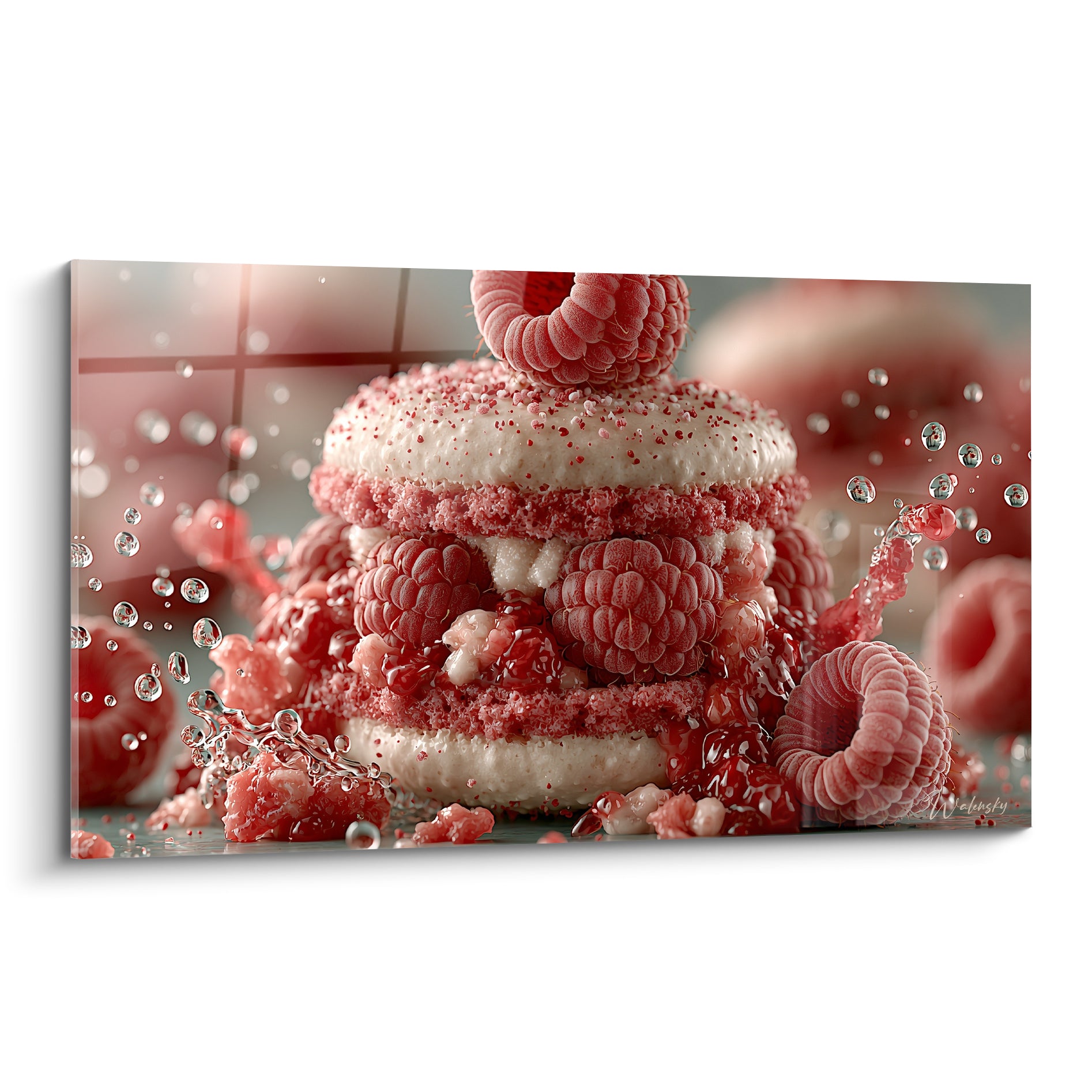Macaron framboise éclaté aux tons rouge et blanc, gouttes d'eau suspendues sur fond gris flouté