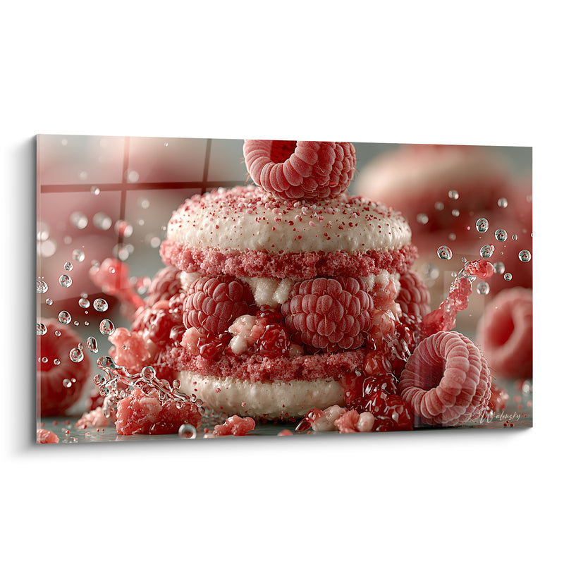 Tableau Macaron framboise éclaboussé de gouttes d'eau - Éclat gourmand - Edition Macaron