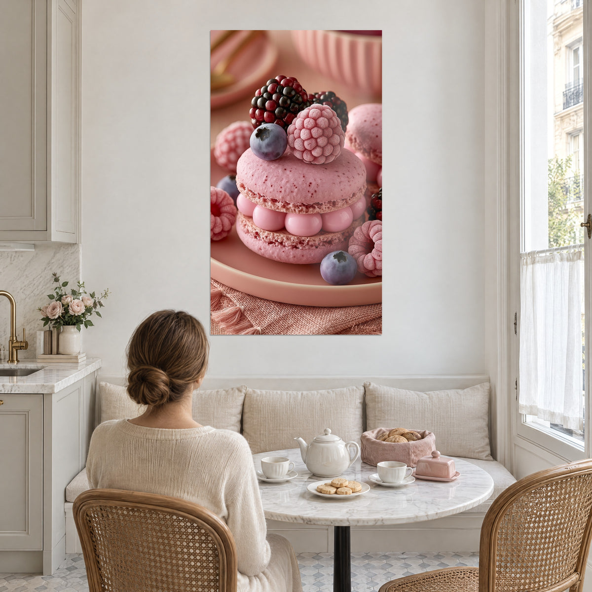 Cuadro macarón de frambuesa glaseada, arándano violeta y moras granate sobre un plato rosa, mujer de espaldas en la mesa, piso haussmanniano