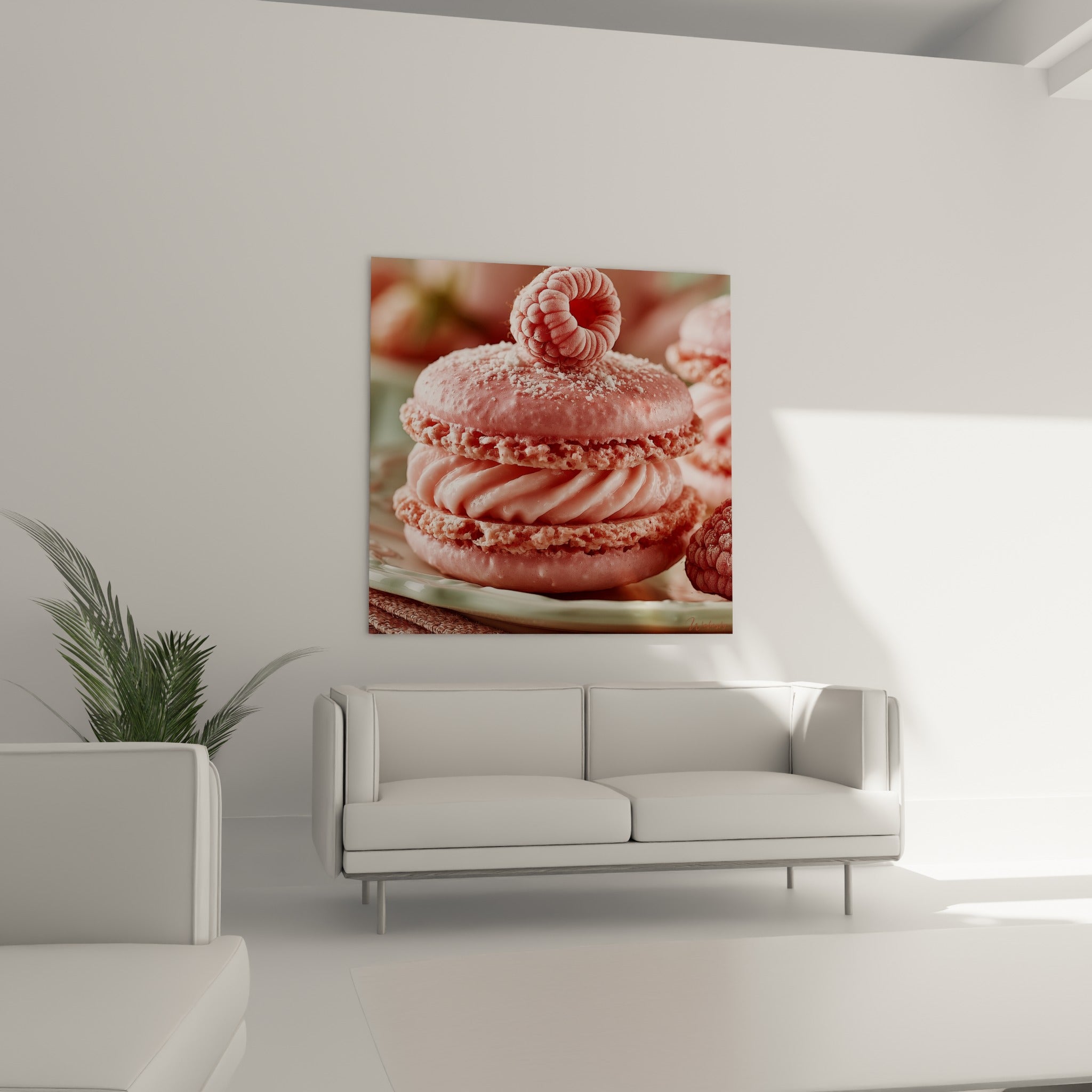 Gourmandise sucrée du macaron rose framboise placée au-dessus d'un canapé dans un salon lumineux