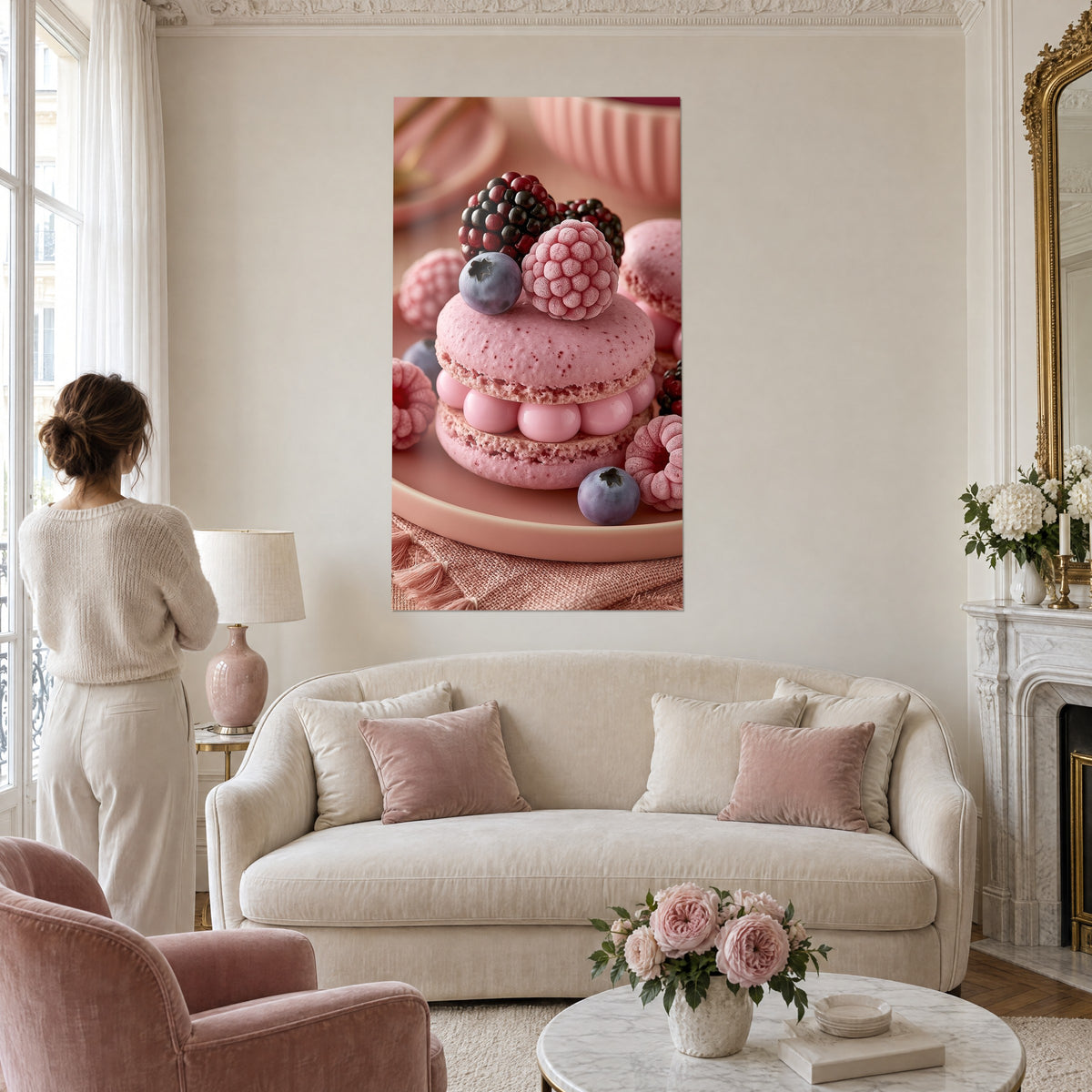 Cuadro macarón rosa empolvado coronado con mora escarchada y arándano violeta, dos personas de espaldas, sobre un sofá en un salón luminoso