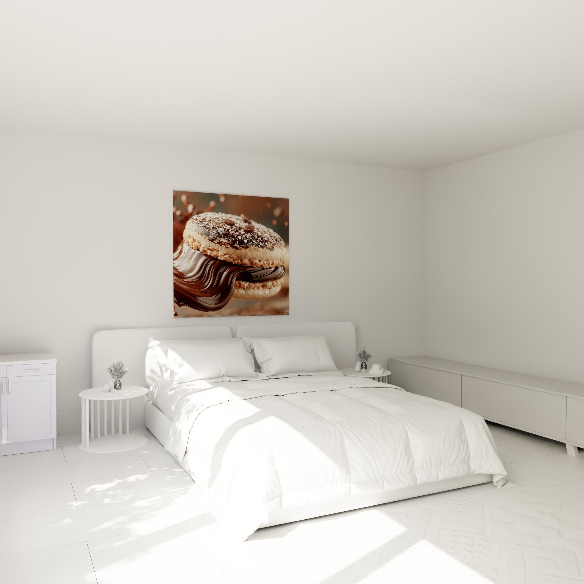 Douceur du macaron chocolaté aux tons beige et brun, au-dessus d'un lit dans une chambre claire