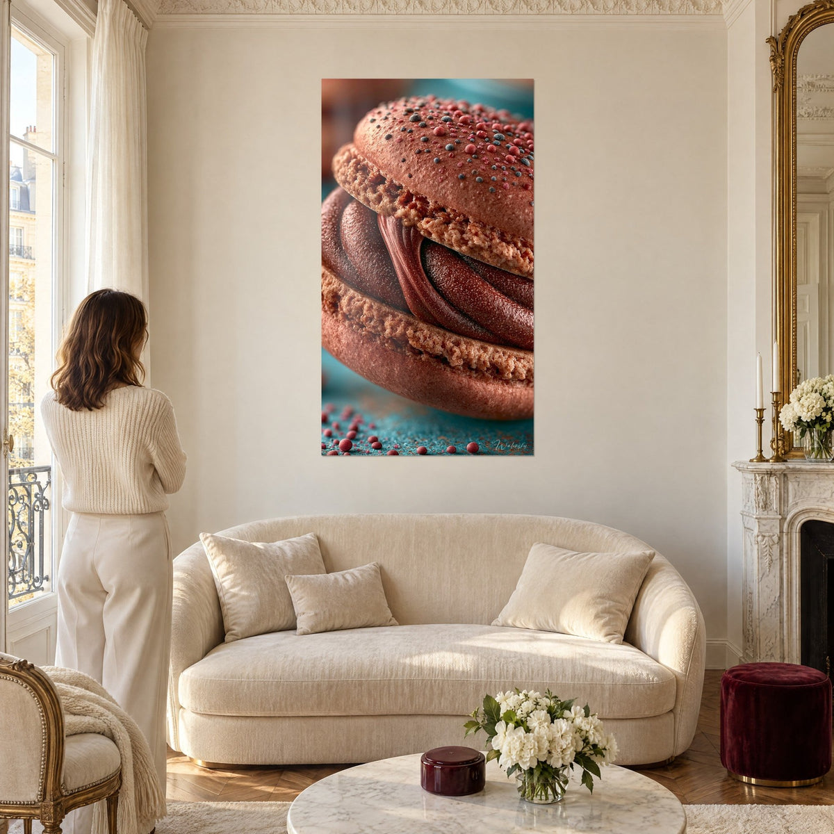Tableau macaron cacao saupoudré de billes roses, ganache brun chocolat torsadée, femme de dos, au-dessus d'un canapé dans un salon lumineux