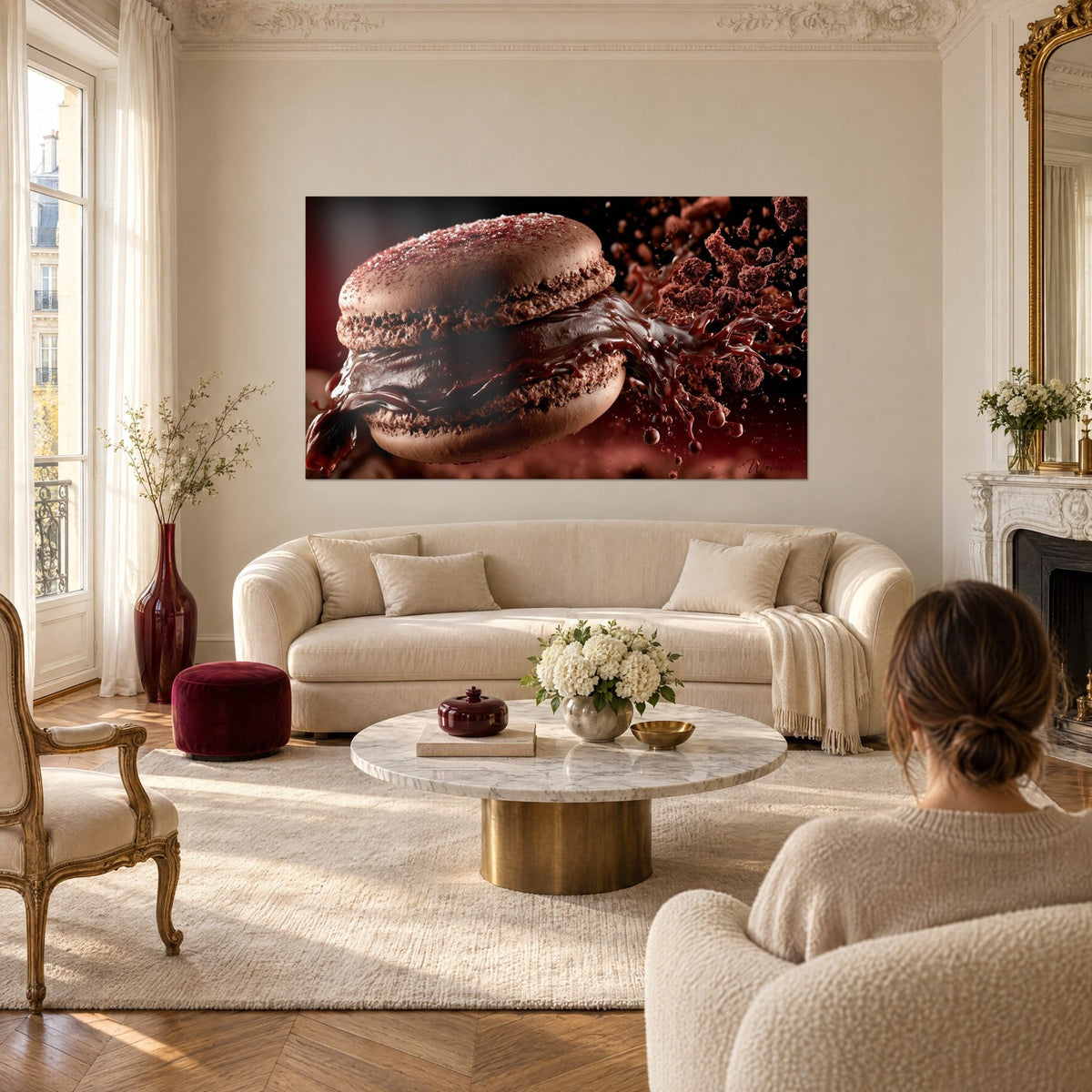 Tableau macaron cacao saupoudré de rouge, ganache brune qui déborde, au-dessus d'un canapé dans un salon lumineux