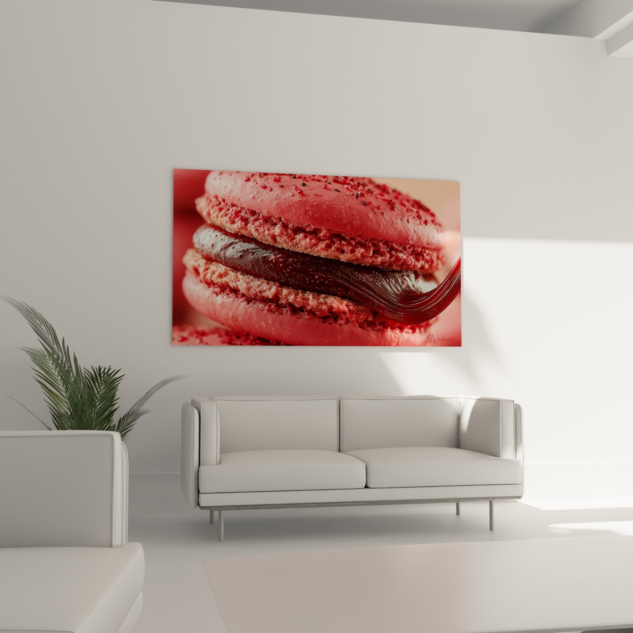 Ganache rouge fondante du macaron rose mise en valeur au-dessus d'un canapé dans un salon lumineux