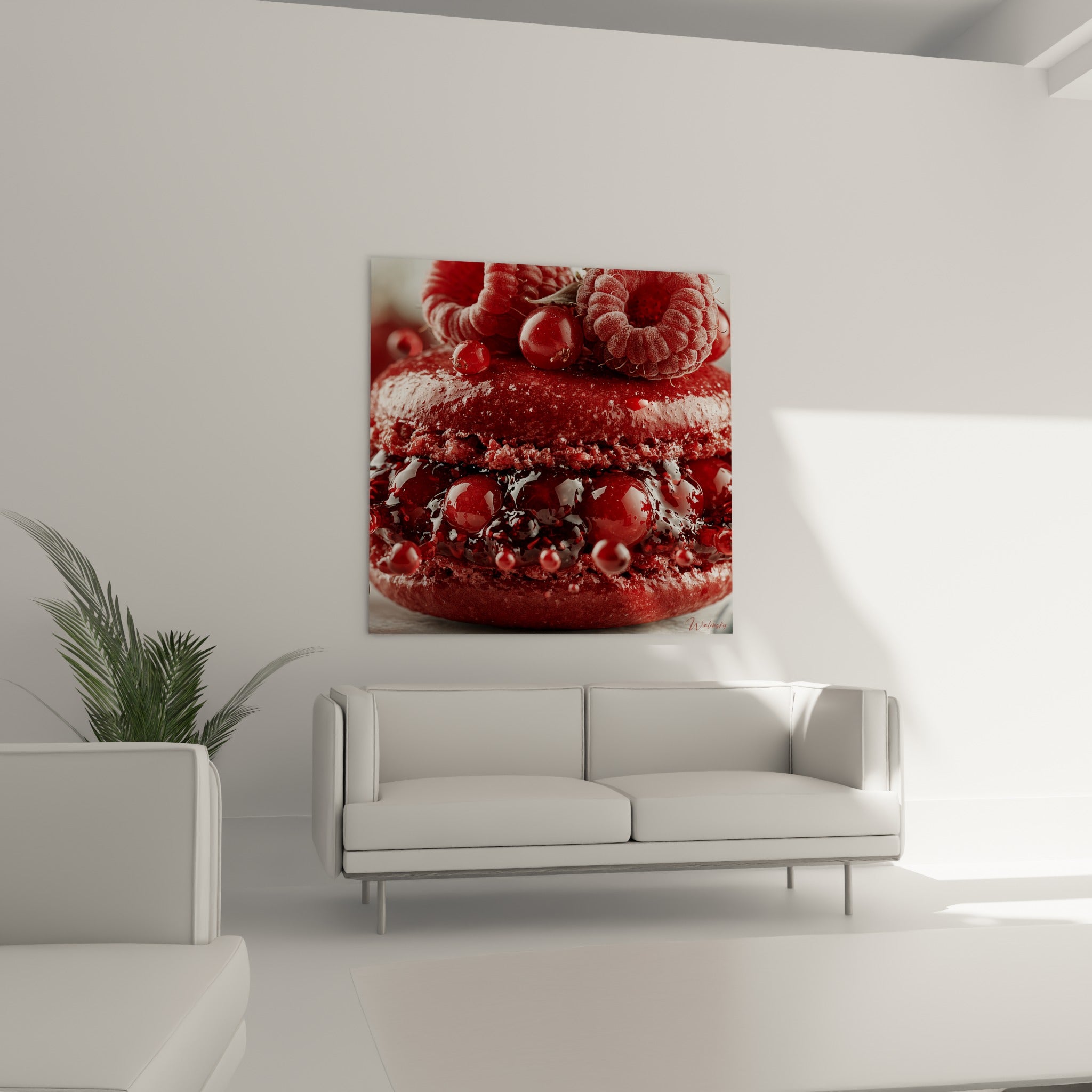 Fruits rouges éclatants du macaron gourmand affichés au-dessus d'un canapé dans un salon lumineux