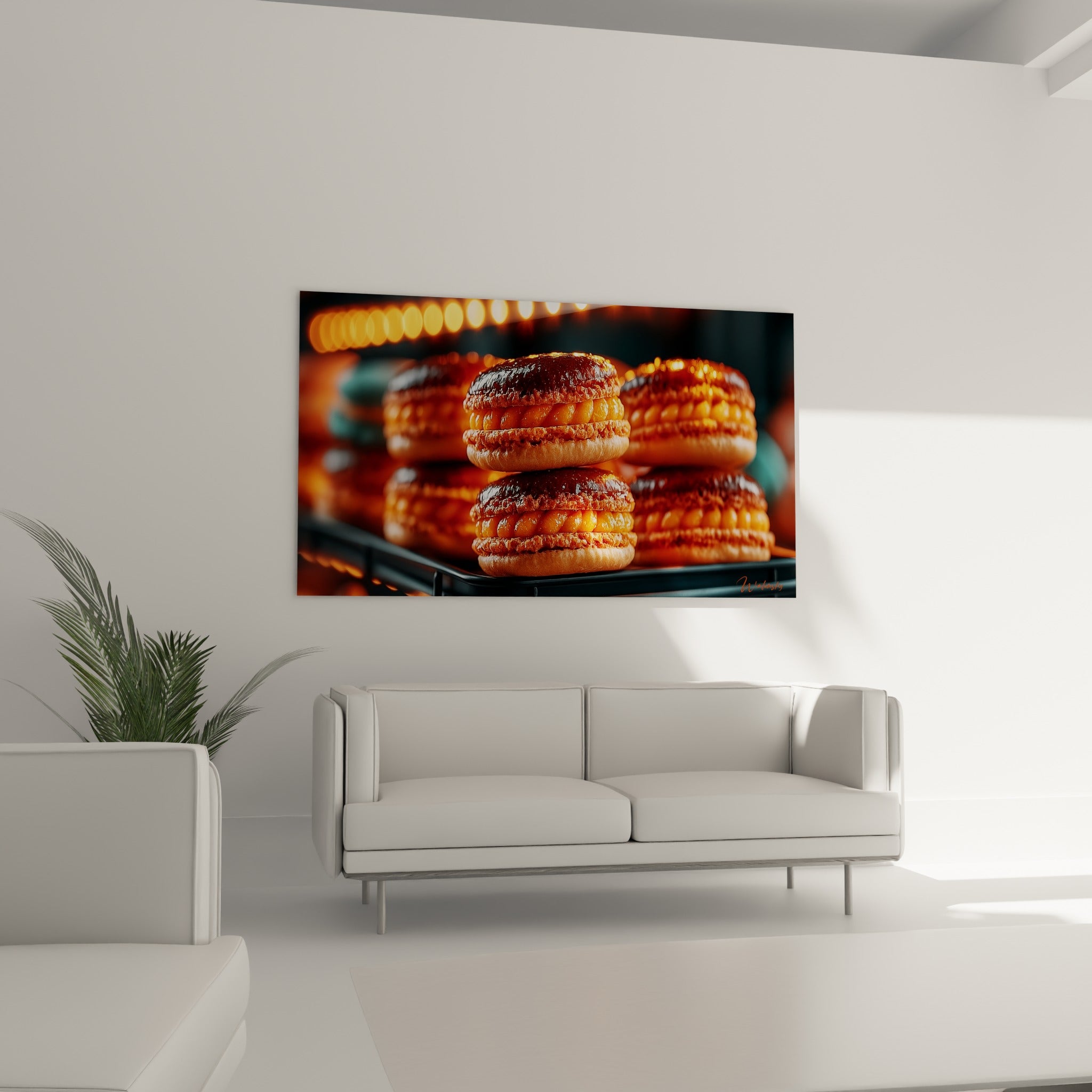 Macarons caramel empilés aux reflets ambrés et anthracite au-dessus d'un canapé dans un salon lumineux