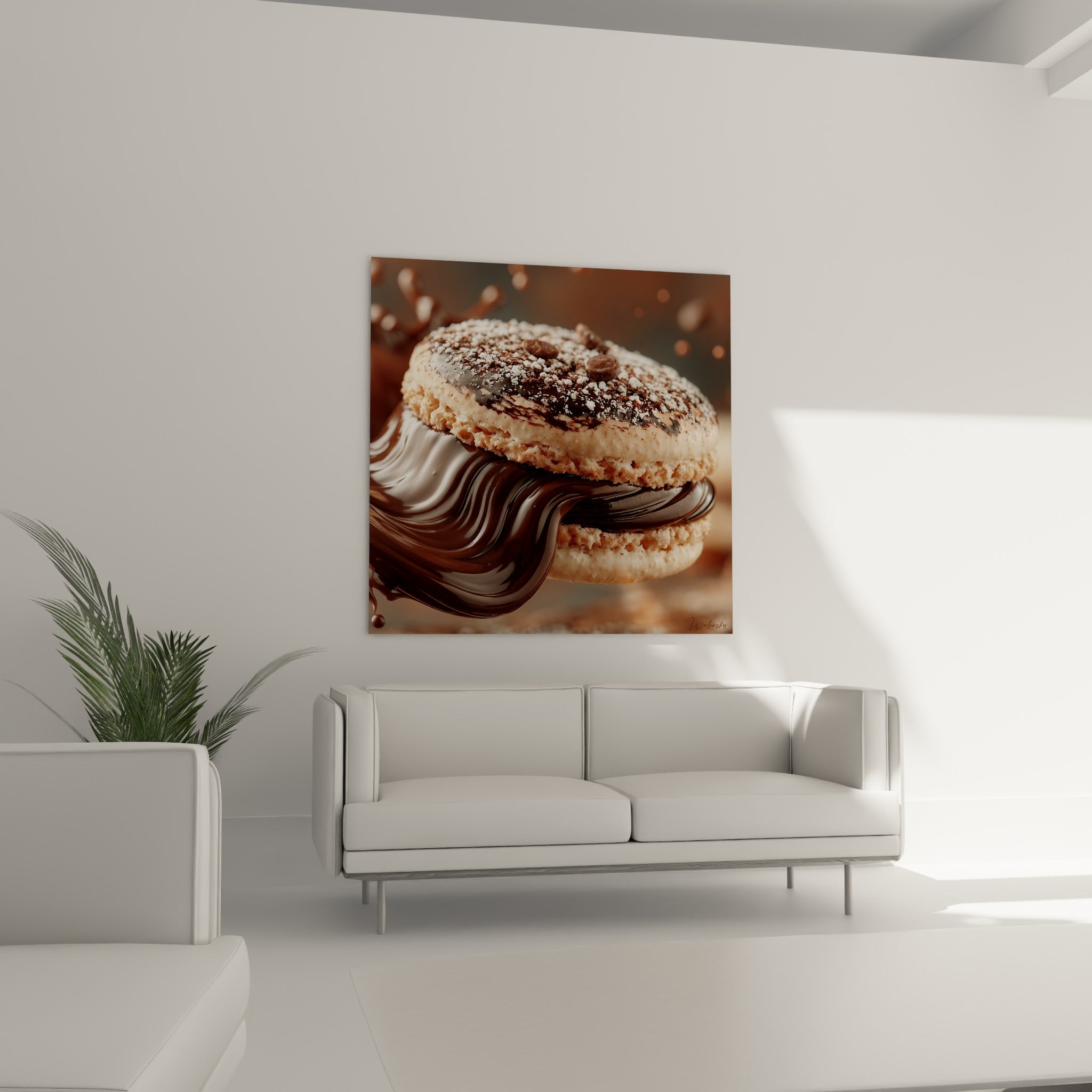 Coulure de chocolat brun et biscuit beige texturé, au-dessus d'un canapé dans un salon lumineux