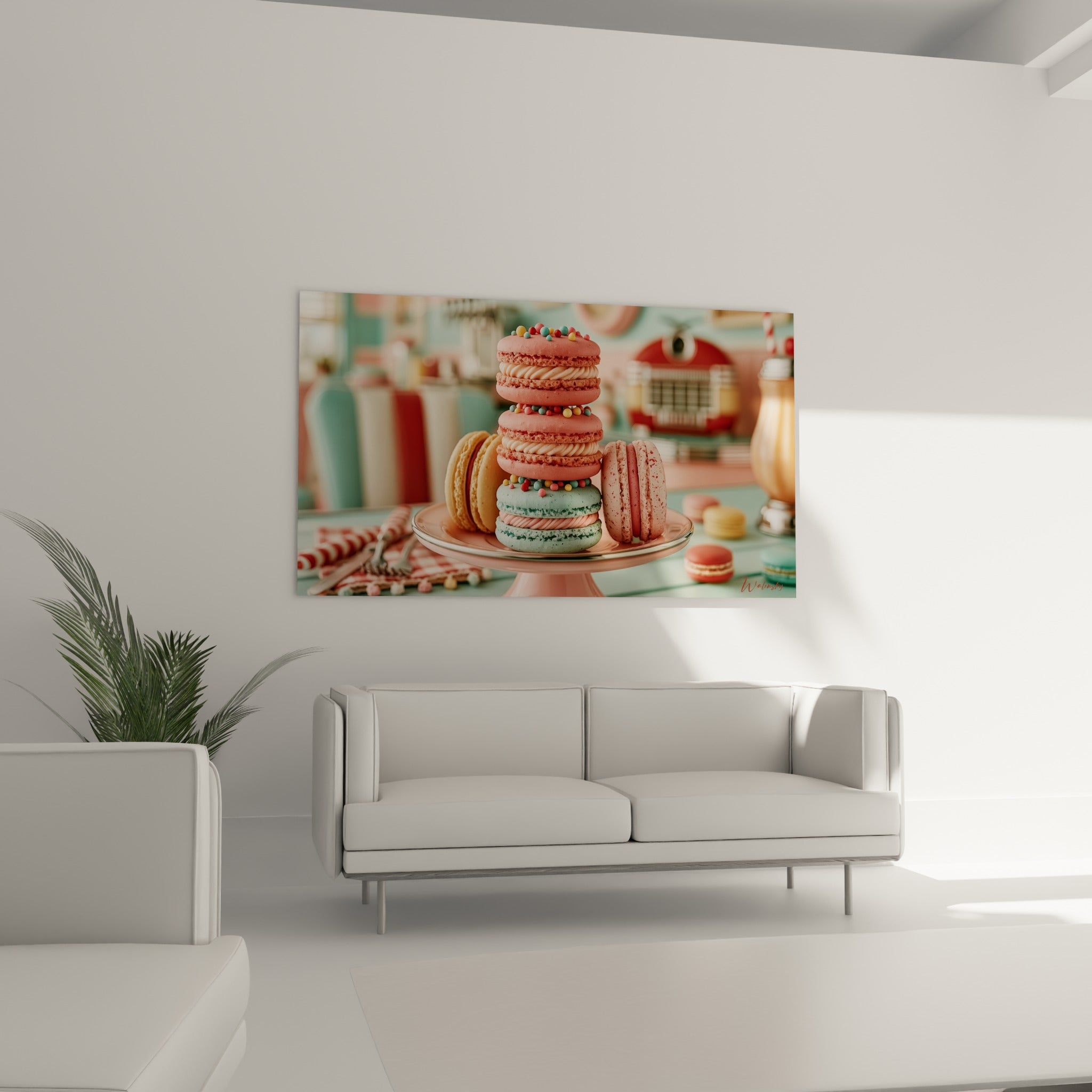 Pile de macarons pastel rose et vert menthe, tableau au-dessus d'un canapé dans un salon lumineux