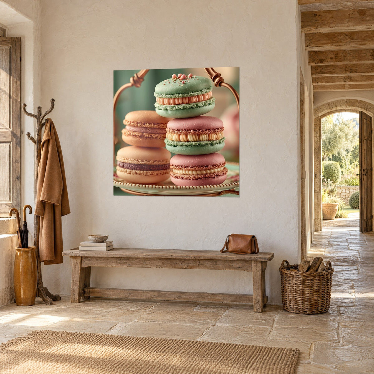 Cuadro con dulces pasteles apilados, cáscaras de menta y rosa empolvado, crema marfil, en una casa de campo de piedra