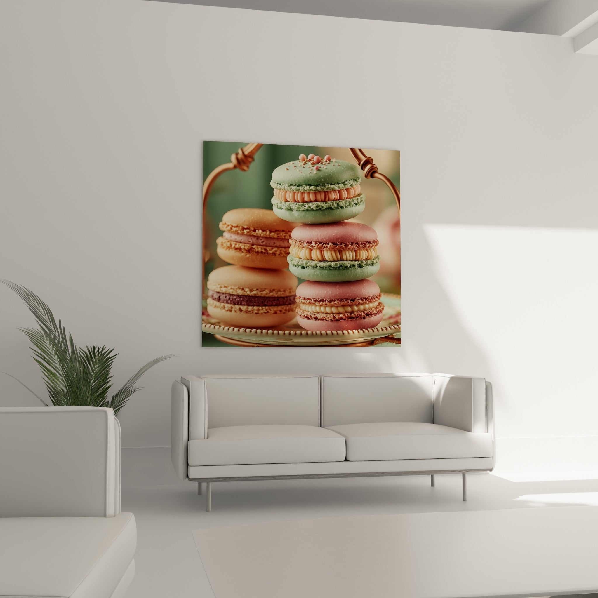 Macarons roses et verts empilés en pâtisserie gourmande au-dessus d'un canapé dans un salon lumineux