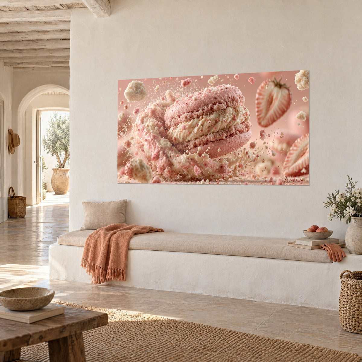 Wall art rose sand cake with vanilla cream, floating strawberry halves and beige crumbs, on a white wall beside a bench seat