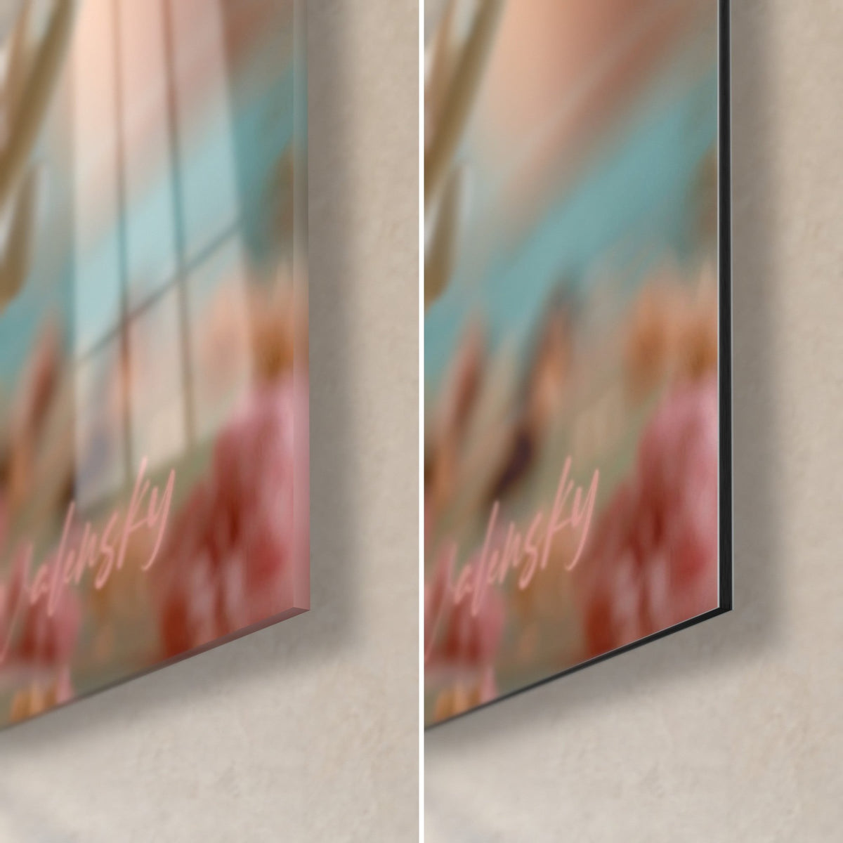 Schilderij macaron in perzik en turquoise, rechtsonder: glanzend acrylglas met reflecties, mat zwart Dibond, rand van 3 mm