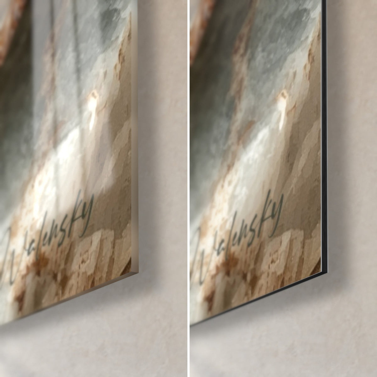 Tableau macarons givrés de sucre, coin bas droit : verre acrylique brillant à gauche, alu Dibond mat gris à droite, tranche de 3 mm