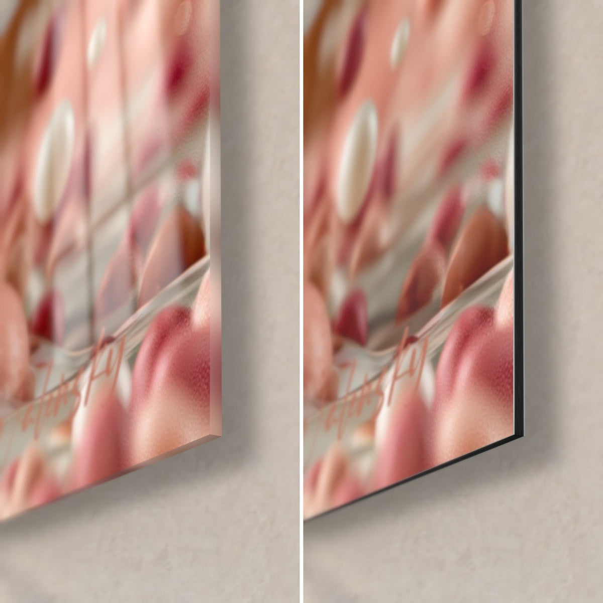 Tableau macaron rayé rose et blanc, coin bas droit : verre acrylique brillant à gauche, Dibond mat noir à droite, tranche de 3 mm
