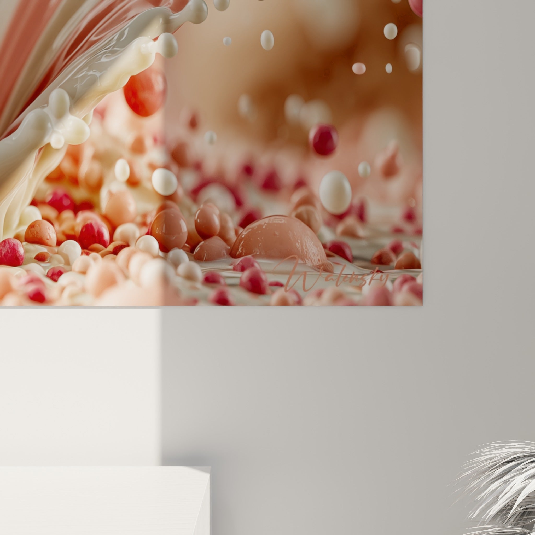 Grain sucré rose et crème du macaron, gouttelettes nacrées et perles roses figées en pleine matière