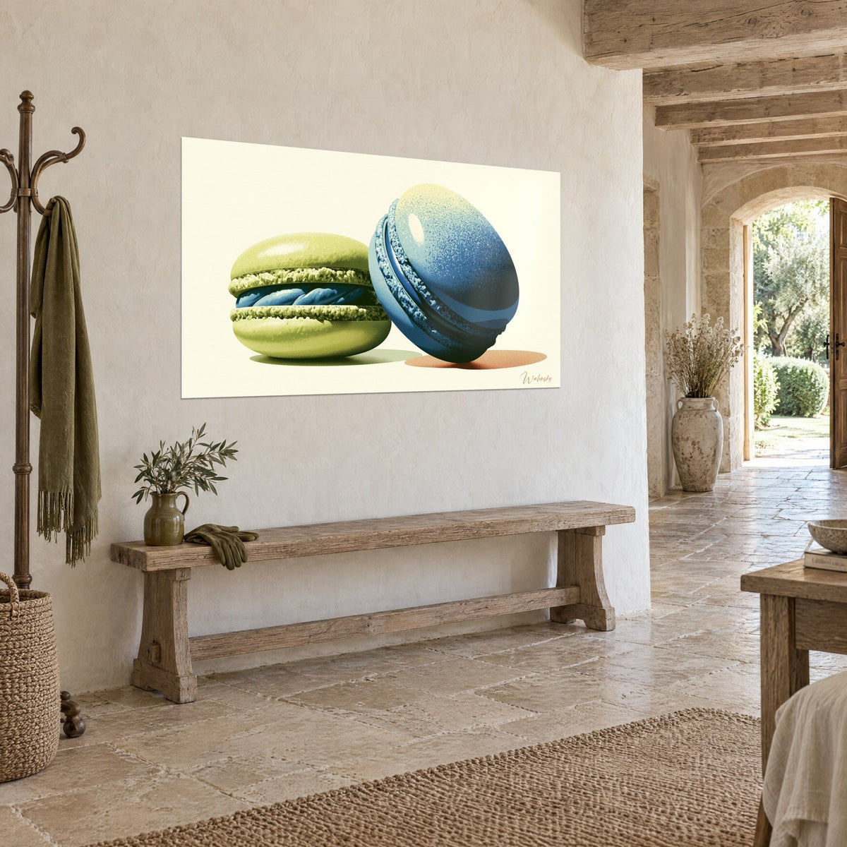 Wall art duo of anise green and cobalt blue macarons, white glint on the shell, mounted above a rustic stone bench