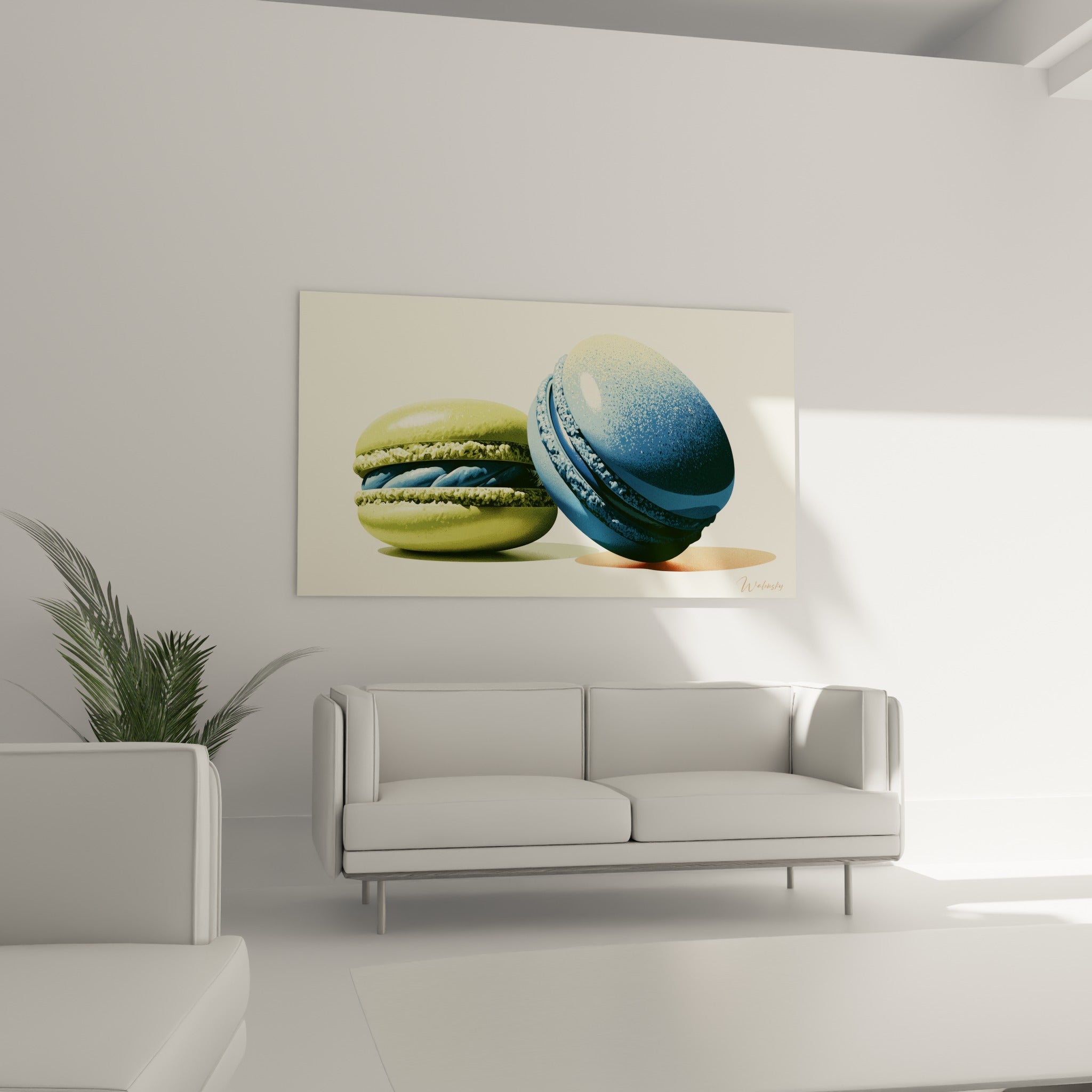 Macarons illustrés aux teintes vert amande et bleu nuit au-dessus d'un canapé dans un salon lumineux