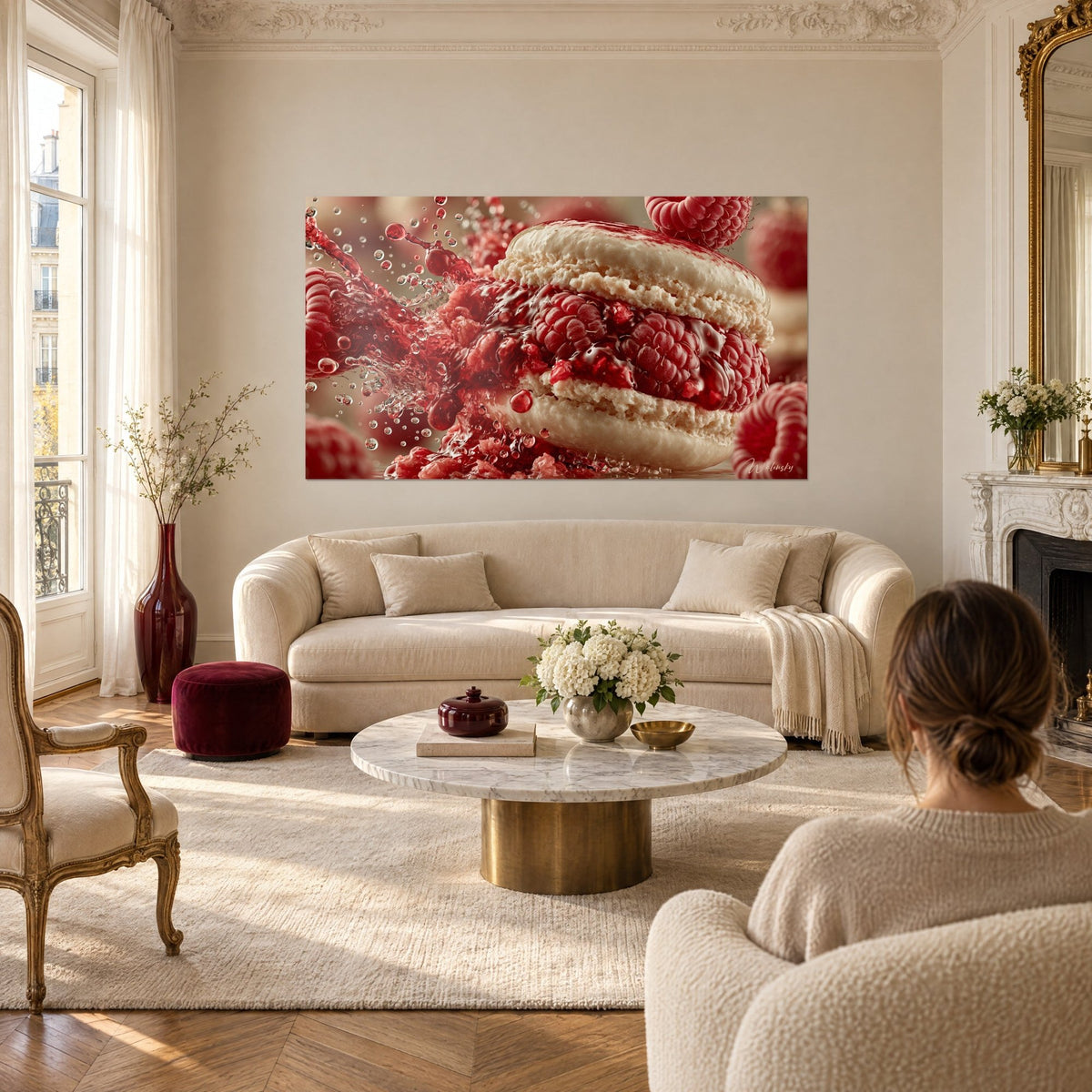 Tableau macaron ivoire fourré de framboises, jus rouge éclaboussé, femme de dos au-dessus d'un canapé dans un salon lumineux