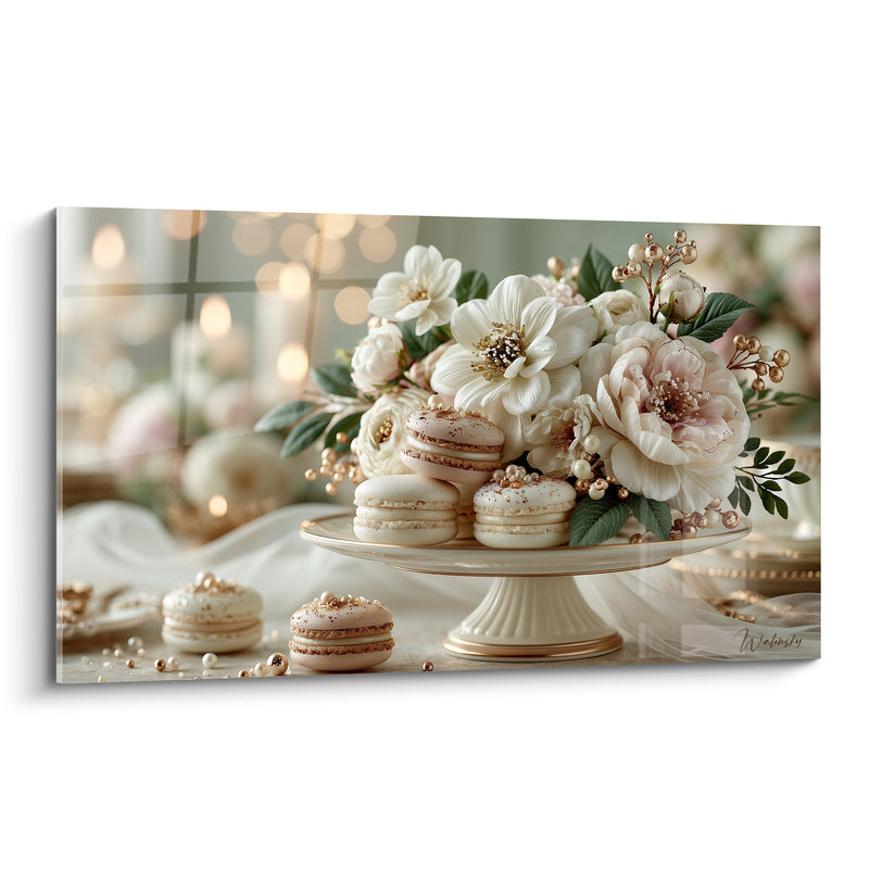 Tableau Macarons ivoire et rose sur présentoir fleuri - Douceur raffinée - Edition Macaron