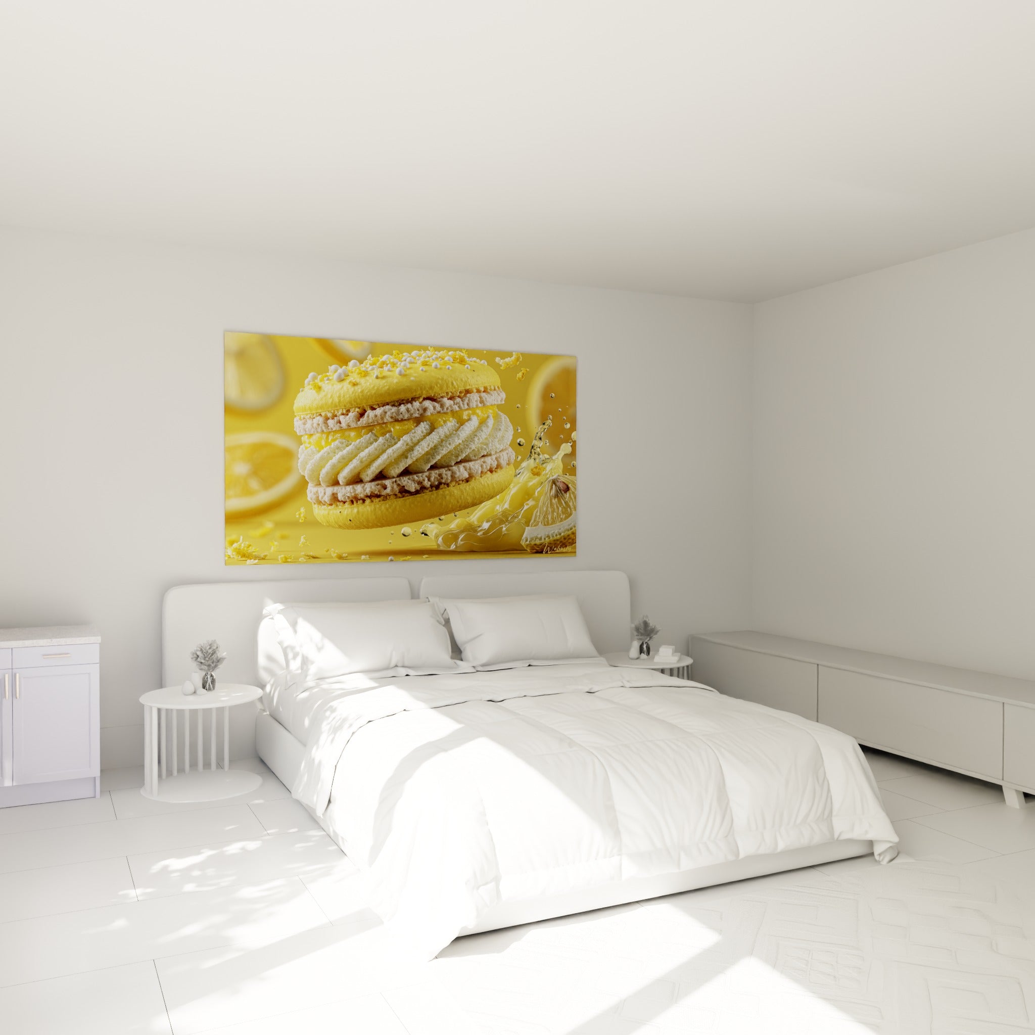 Douceur gourmande du macaron jaune et blanc crème au-dessus d'un lit dans une chambre claire