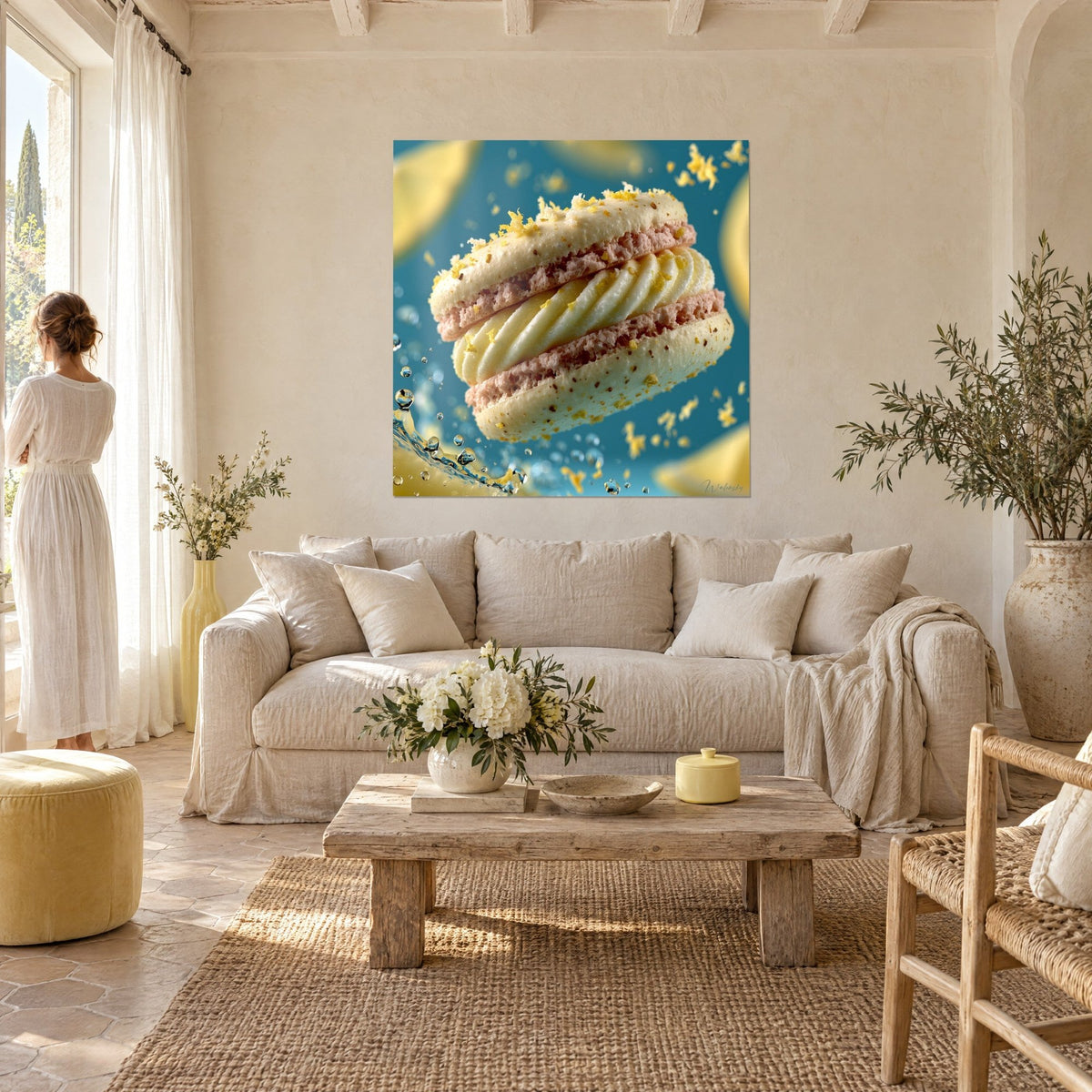 Tableau macaron gourmand crème ivoire et éclats de zeste doré sur fond turquoise, mas provençal, au-dessus d'un canapé dans un salon lumineux