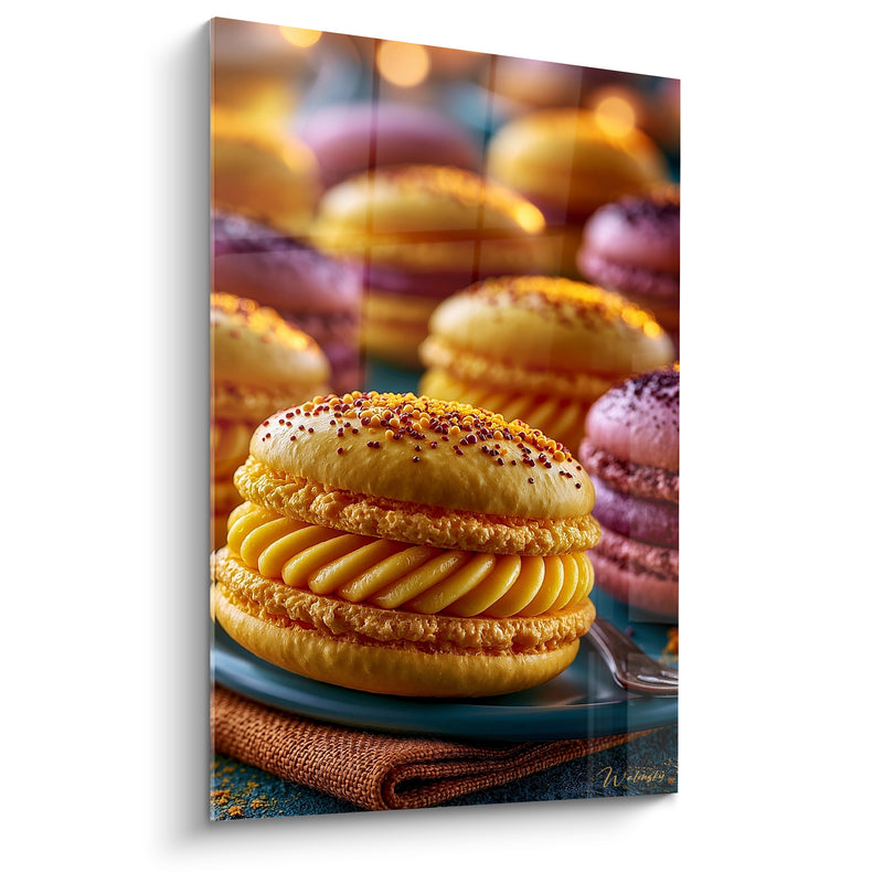 Tableau Macaron jaune et prune à la ganache torsadée - Fourchette et serviette tressée - Edition Macaron