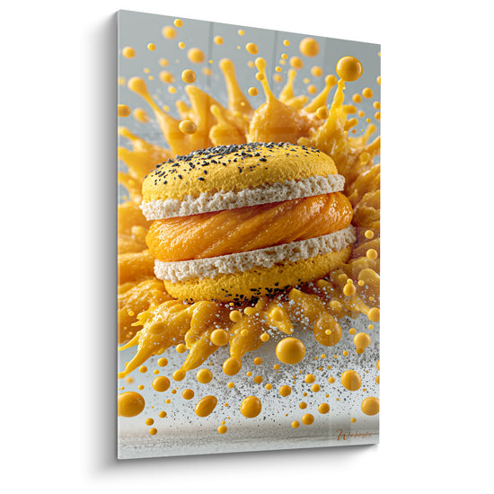 Macaron jaune éclaboussure mangue orange et blanc crème, biscuit granuleux figé en plein mouvement