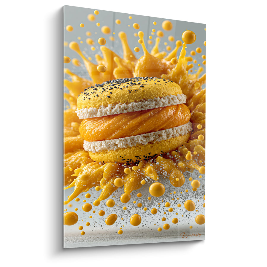 Tableau Macaron jaune et blanc aux graines de sésame noir - Éclaboussure en gouttelettes suspendues - Edition Macaron