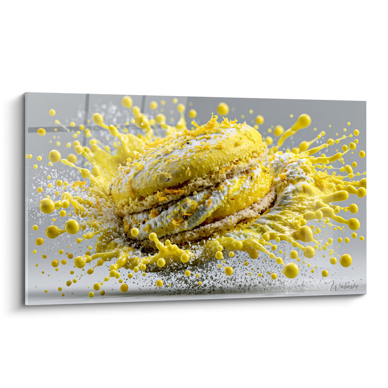 Tableau Macaron jaune et gris aux gouttelettes suspendues - Éclaboussure en apesanteur - Edition Macaron