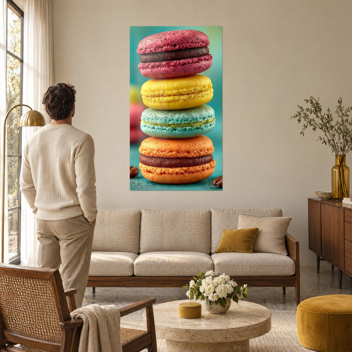 Tableau pile de quatre macarons framboise, citron, turquoise et orange, vus de dos, au-dessus d'un canapé dans un salon lumineux