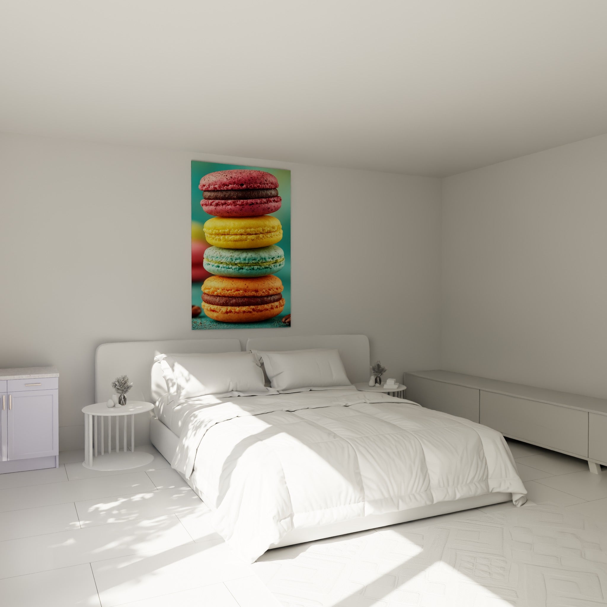 Pile de macarons colorés framboise et turquoise au-dessus d'un lit dans une chambre claire