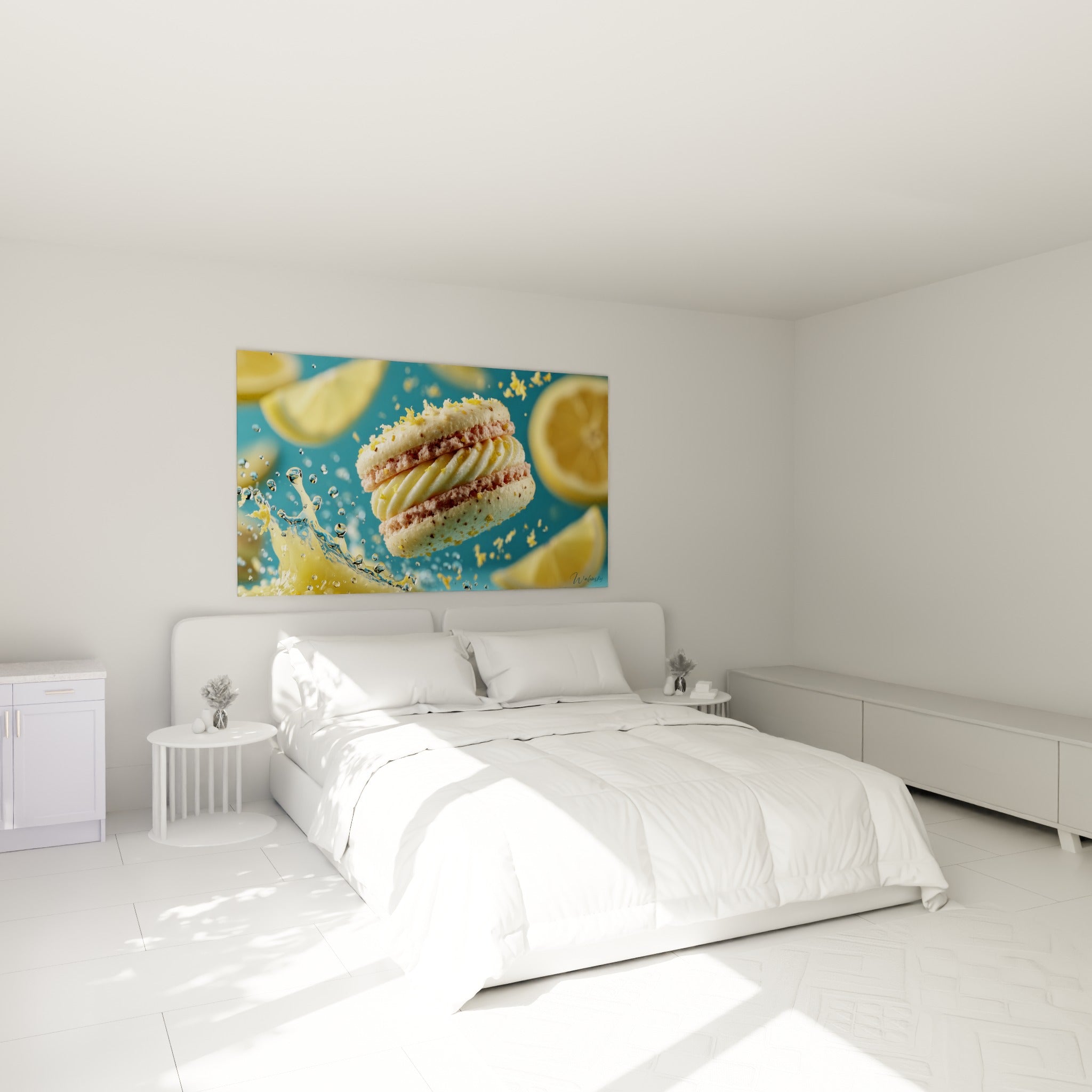 Macaron pastel et zeste jaune capturés en plein vol au-dessus d'un lit dans une chambre claire