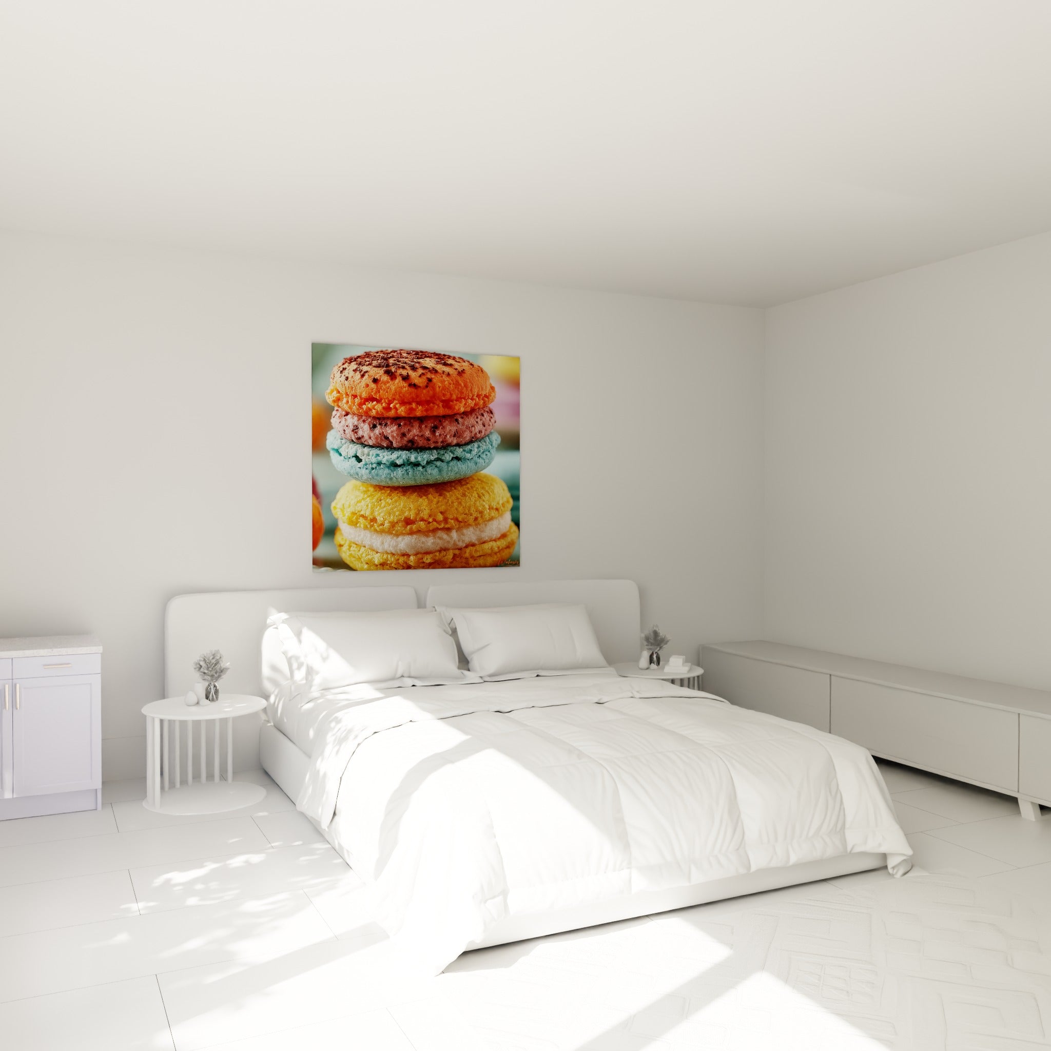 Empilement de macarons jaune safran et bleu ciel au-dessus d'un lit dans une chambre claire