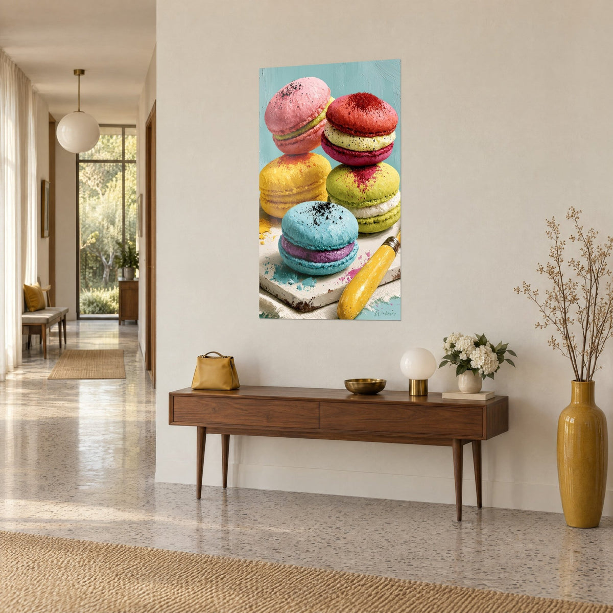 Tableau gourmandises rondes bleu turquoise et vert pistache empilées, fond bleu ciel, en vue de trois-quarts dans un couloir années 50