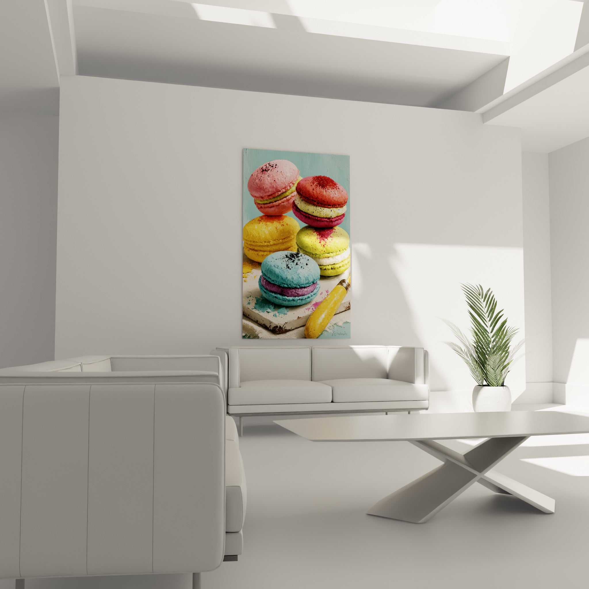 Macarons roses et turquoise saupoudrés de cacao au-dessus d'un canapé dans un salon lumineux