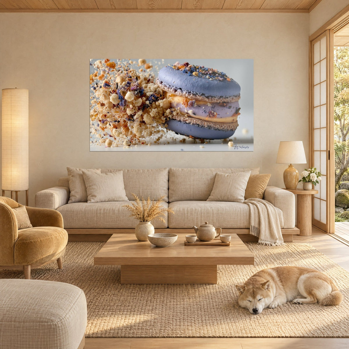 Wall art mauve macaron spraying a shower of golden crumbs and blue petals, above a sofa in a bright living room