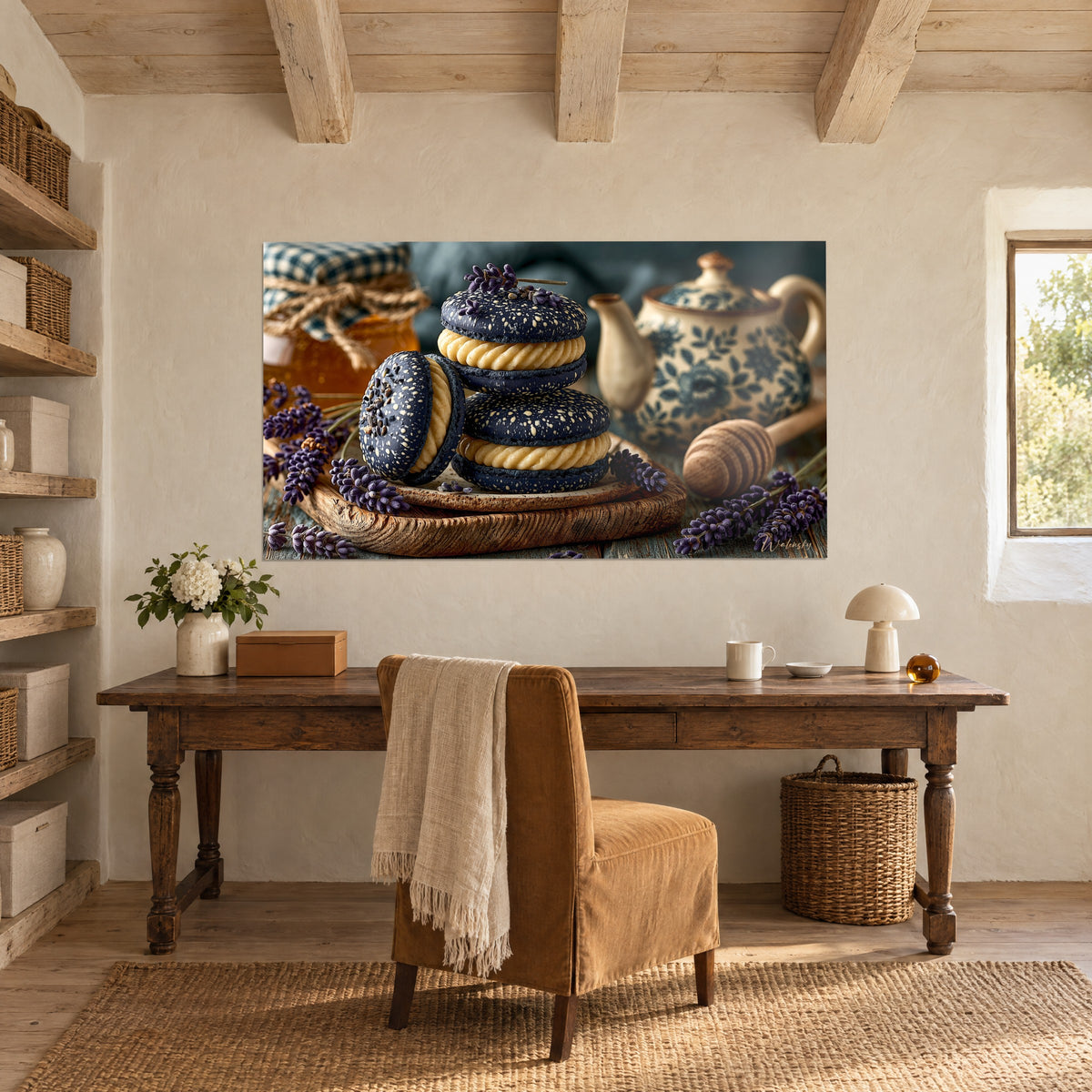 Gemälde Indigoblaues Gaumenfreudenbild mit cremiger Vanille-Ganache, rustikales braunes Brett, malvenfarbene Lavendelzweige, cremefarbene Wand eines Holzschreibtischs