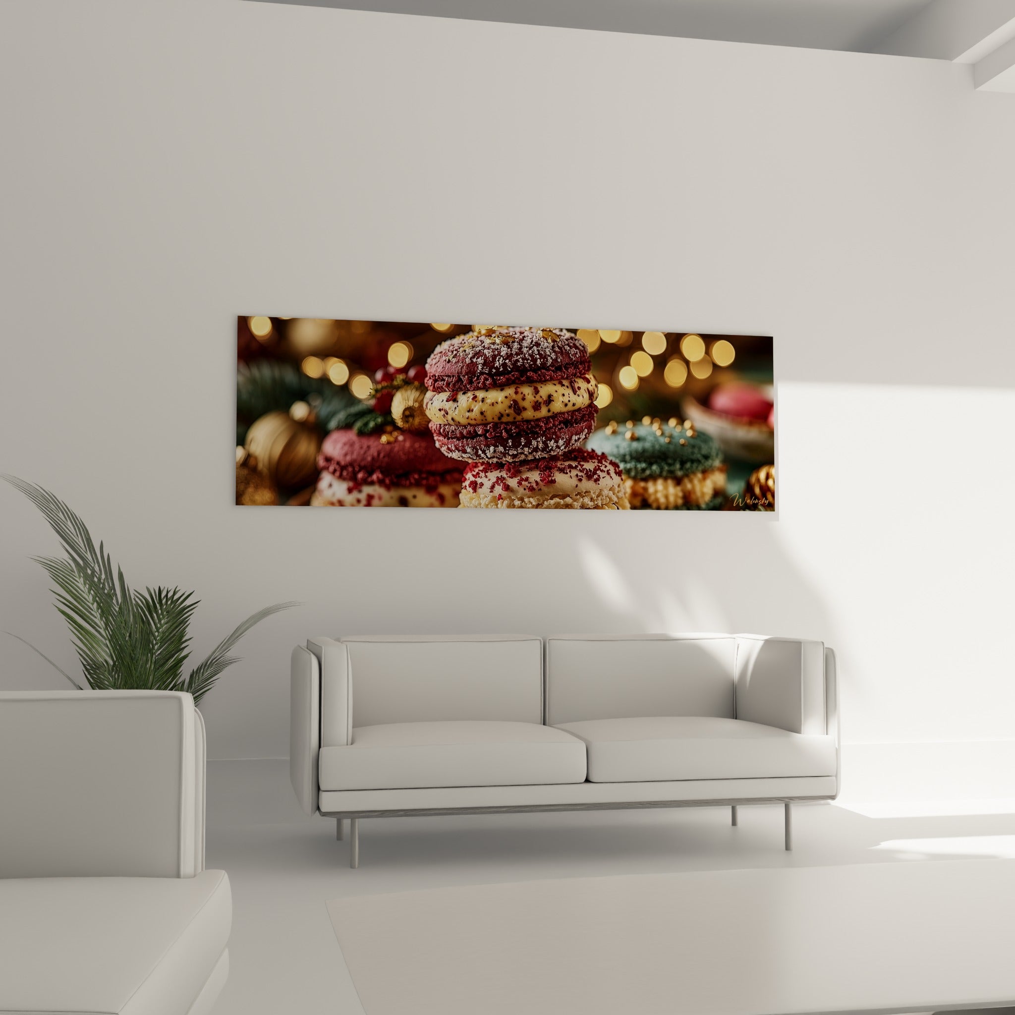 Coques de macarons rouge bordeaux et fourrage crème au-dessus d'un canapé dans un salon lumineux