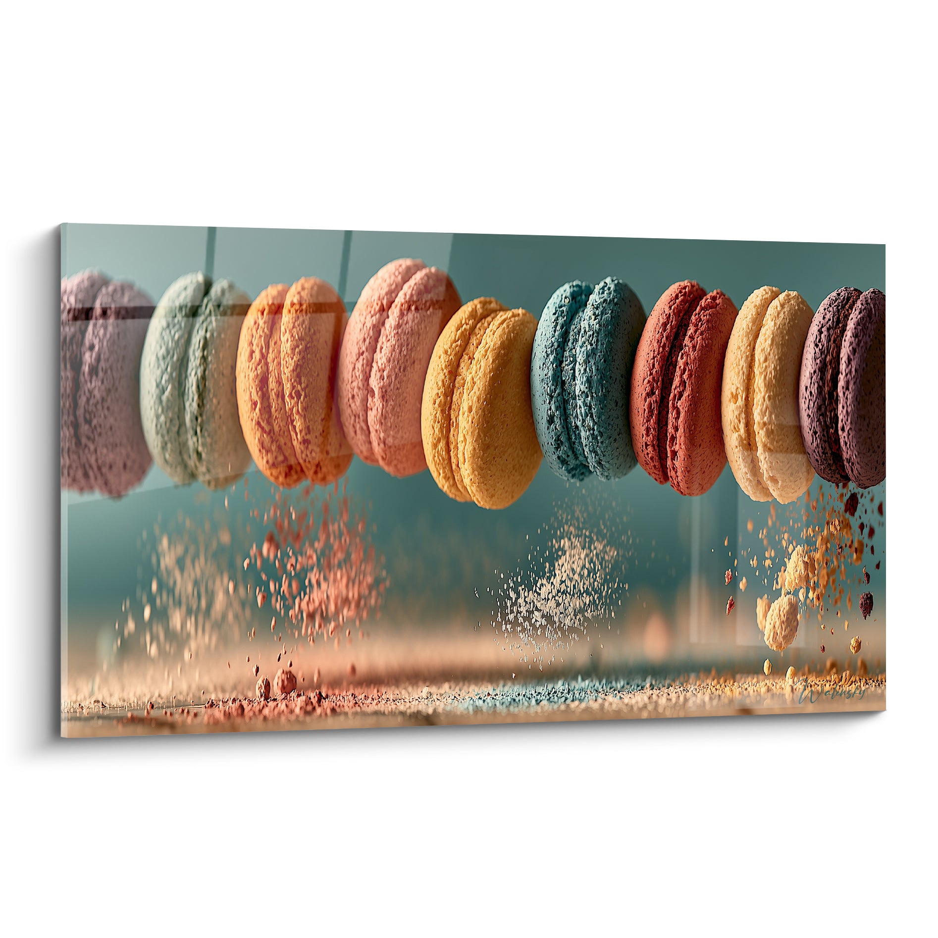 Macarons mauve, bleu canard et terracotta suspendus, texture granuleuse et coques bombées