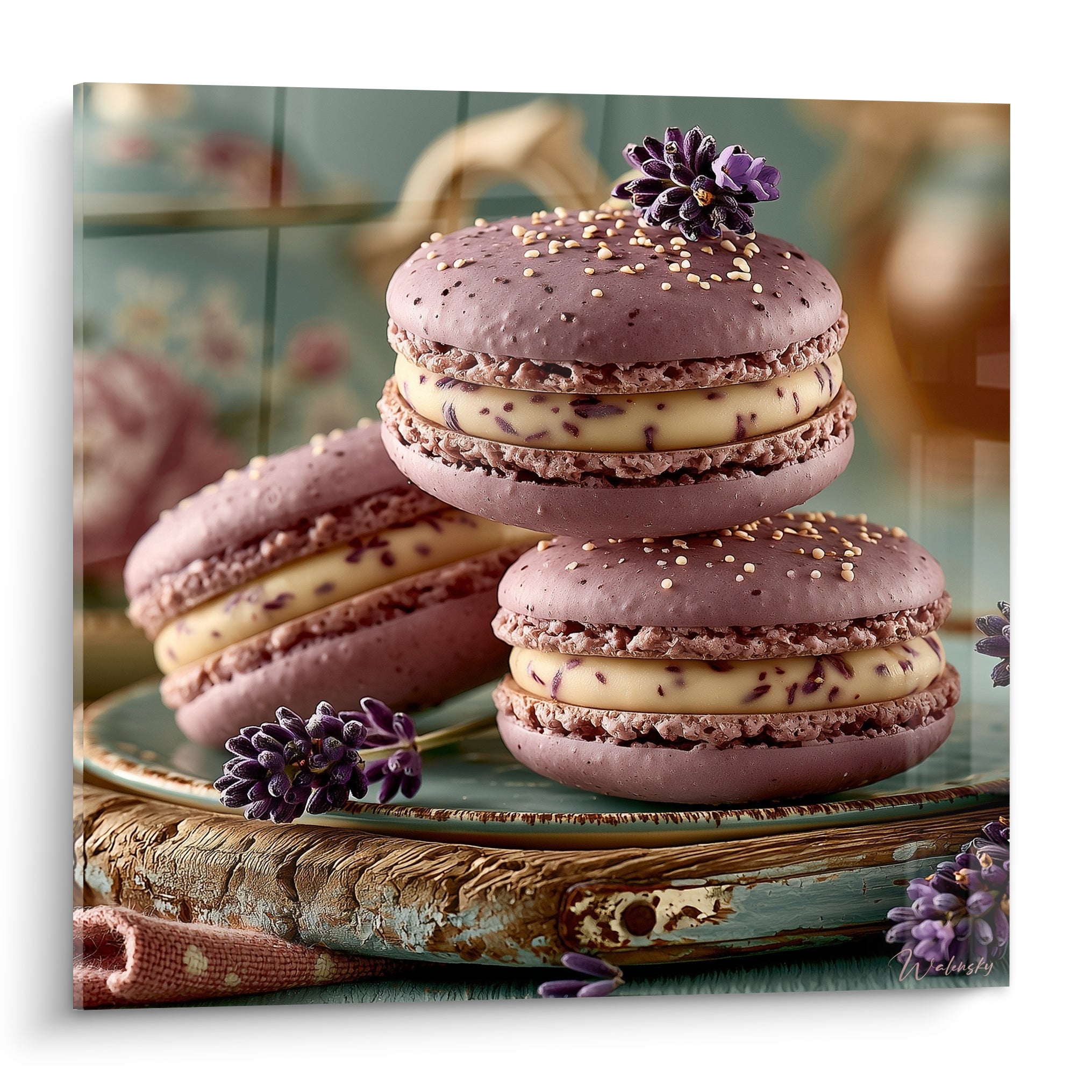 Macarons mauve poudré empilés avec garniture crème et fleurs de lavande violette sur plateau turquoise